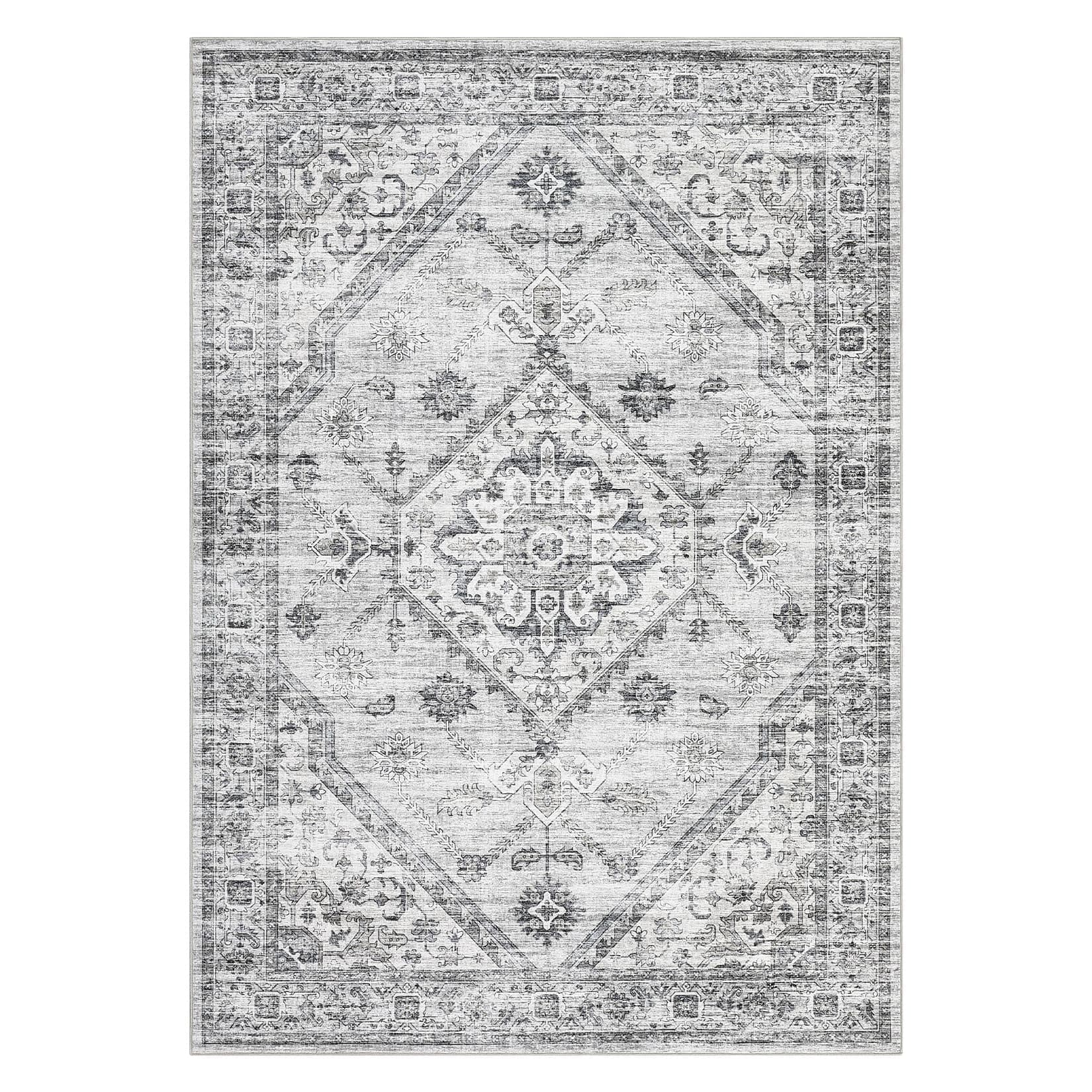 Qeetex LSN-PHK-33EUNSFN 9 x 12 ft Polyester Cashmere Imitation Light Gray Rectangular Hallway Bathroom Entryway Kitchen Office Foldable Geometric Persian Washable Area Rug