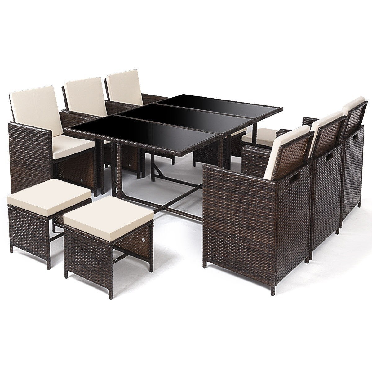 Slickblue D-CO-+92075WH 11-Piece PE Rattan Dining Set with 6 Chairs 4 Ottomans and Glass Table with Waterproof Polyester Cushions for Patio or Garden- Brown