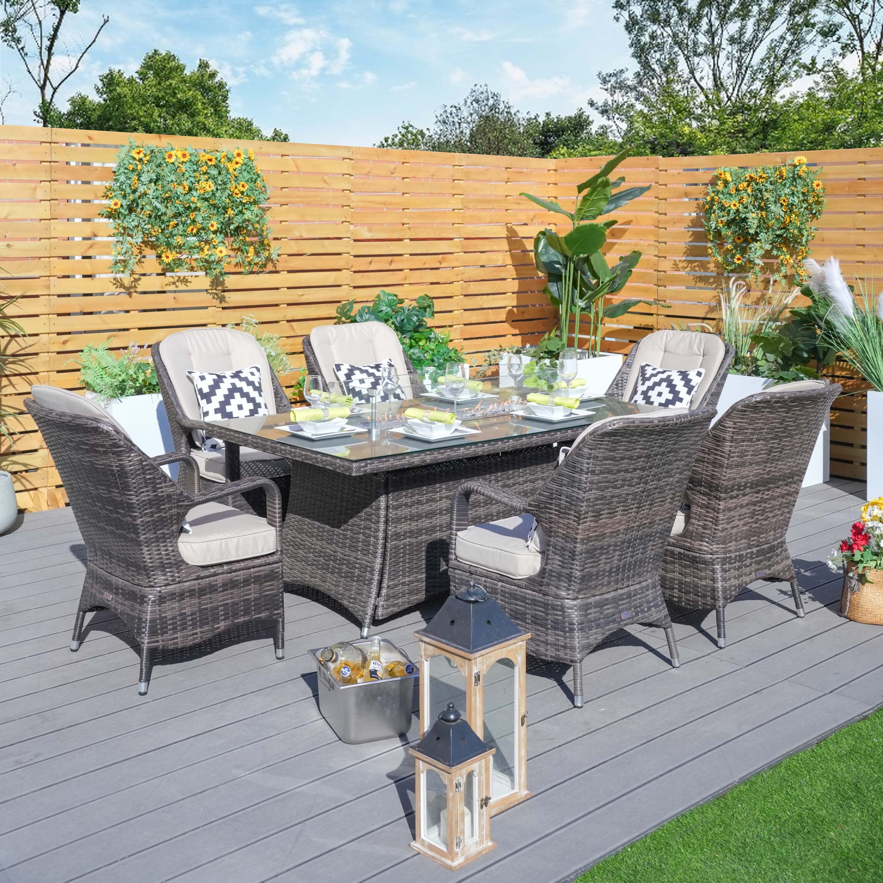 Direct Wicker DWG-1106R-BR Flame 7 -Piece Brown Wicker Patio Dining Set Aluminum Rectangle Table with 6 Off-white Cushions Stationary Chairs Fire Pit Included