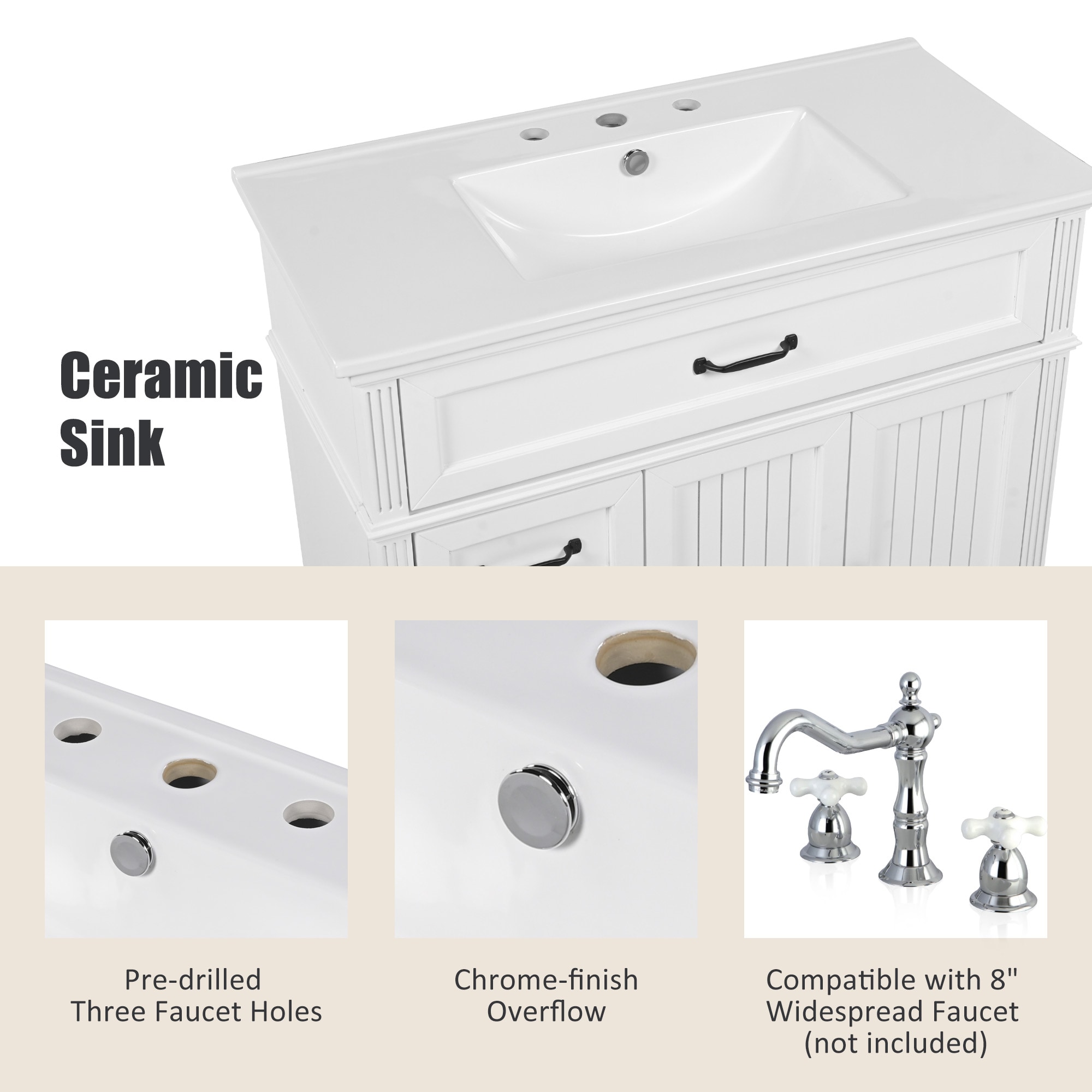 Afhocomp 36 in. Single Sink Freestanding White Bath Vanity with White ...