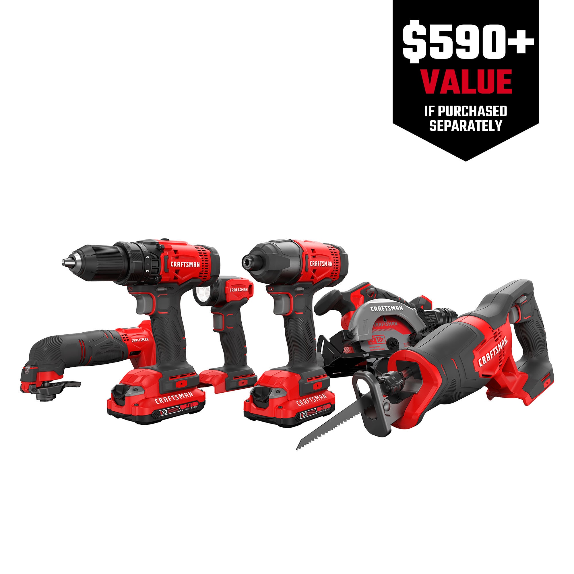 CRAFTSMAN CMCK601D2 V20 20-volt Max 6-Tool Power Tool Combo Kit with Soft Case (2-Batteries and Charger Included)