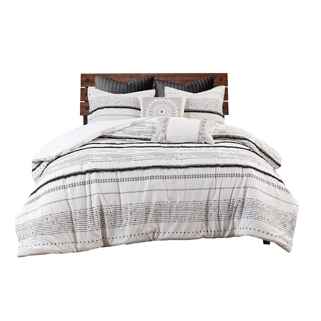 Vynxaria LEXY1497-DJWS-CP264 Series White Black Contemporary Boho Stripe Print Cotton Percale with Polyester Fill Full Queen 3 Piece Comforter Set with Trims Blanket