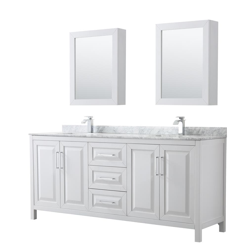 Wyndham Collection WCV252580DWHCMUNSMED Daria 80-in White with Polished Chrome Trim Undermount Double sink Bathroom Vanity with White Carrara Marble Natural marble Top (Mirror Included)