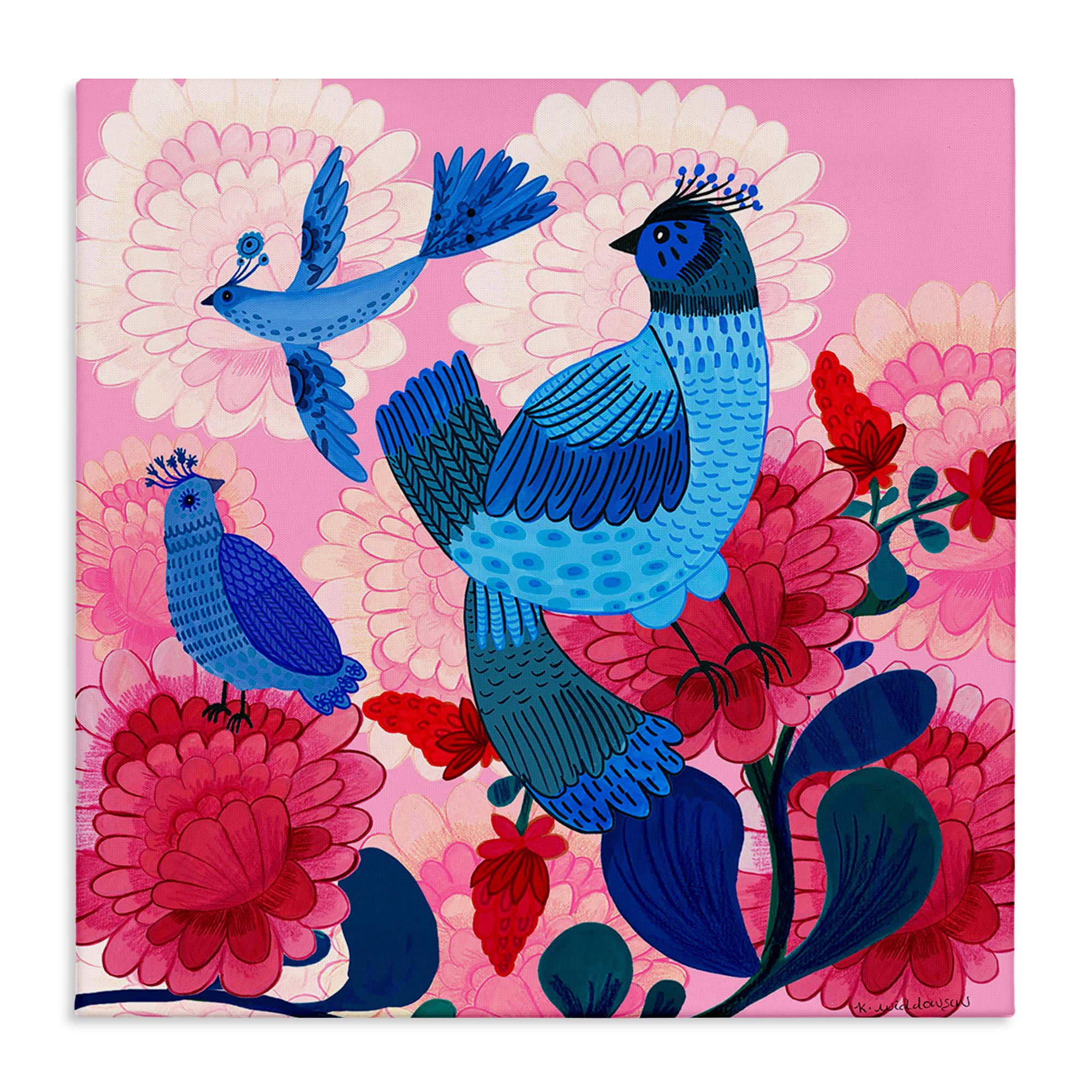 Stupell Industries BS-601-CN-24X24 Folk Birds on Dahlias Canvas Wall Art By Kay Widdowson 24 x 24