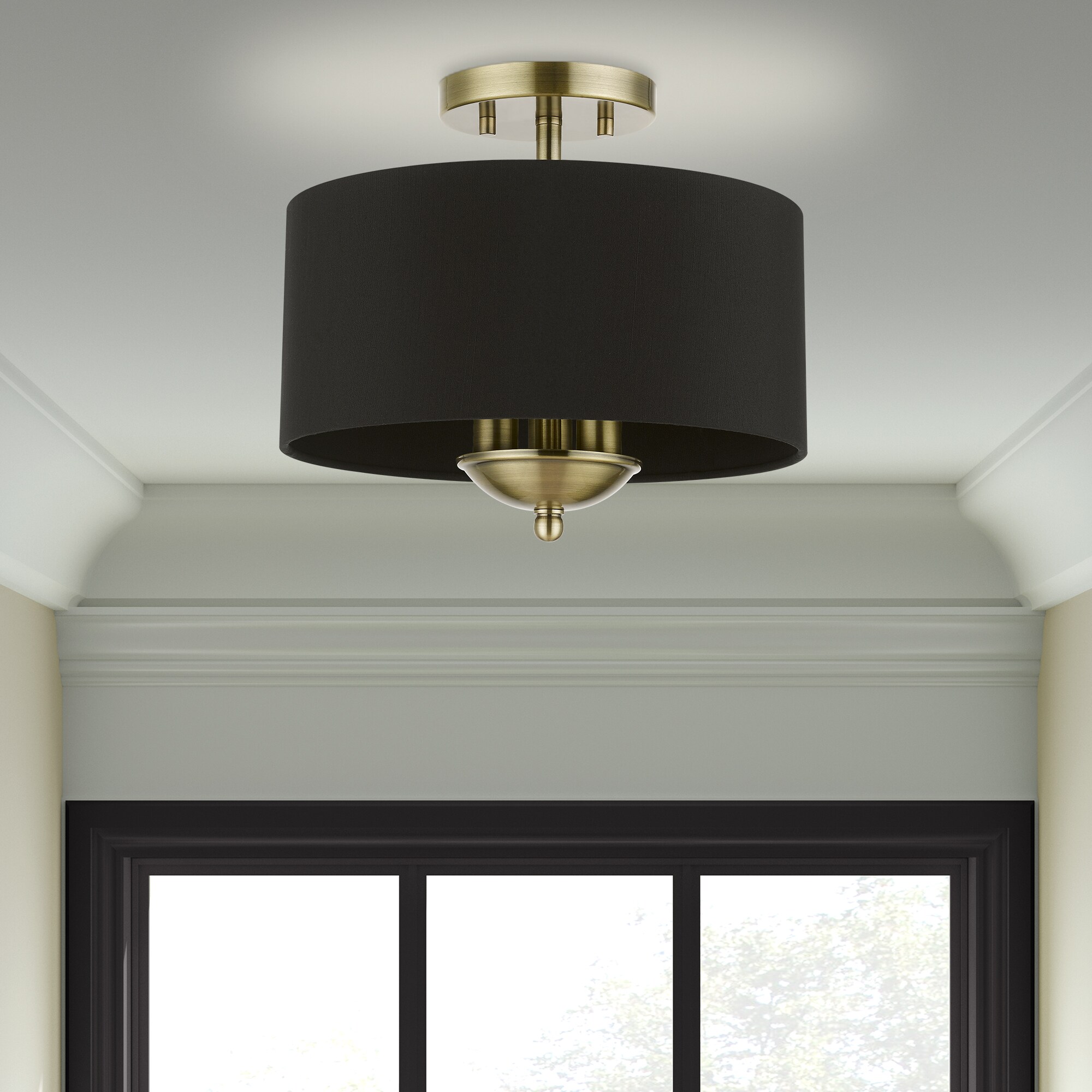 Antique Brass 3-Light Transitional Semi-Flush Mount with Black Fabric Shade