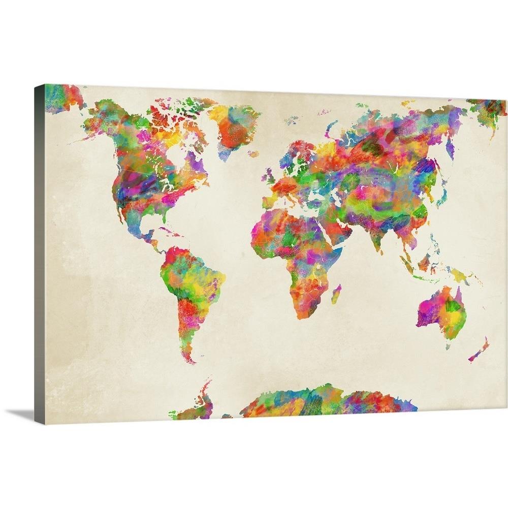 GreatBigCanvas 2530067-24-24X16 Watercolor World Map with Border 16-in H x 24-in W Abstract Print on Canvas