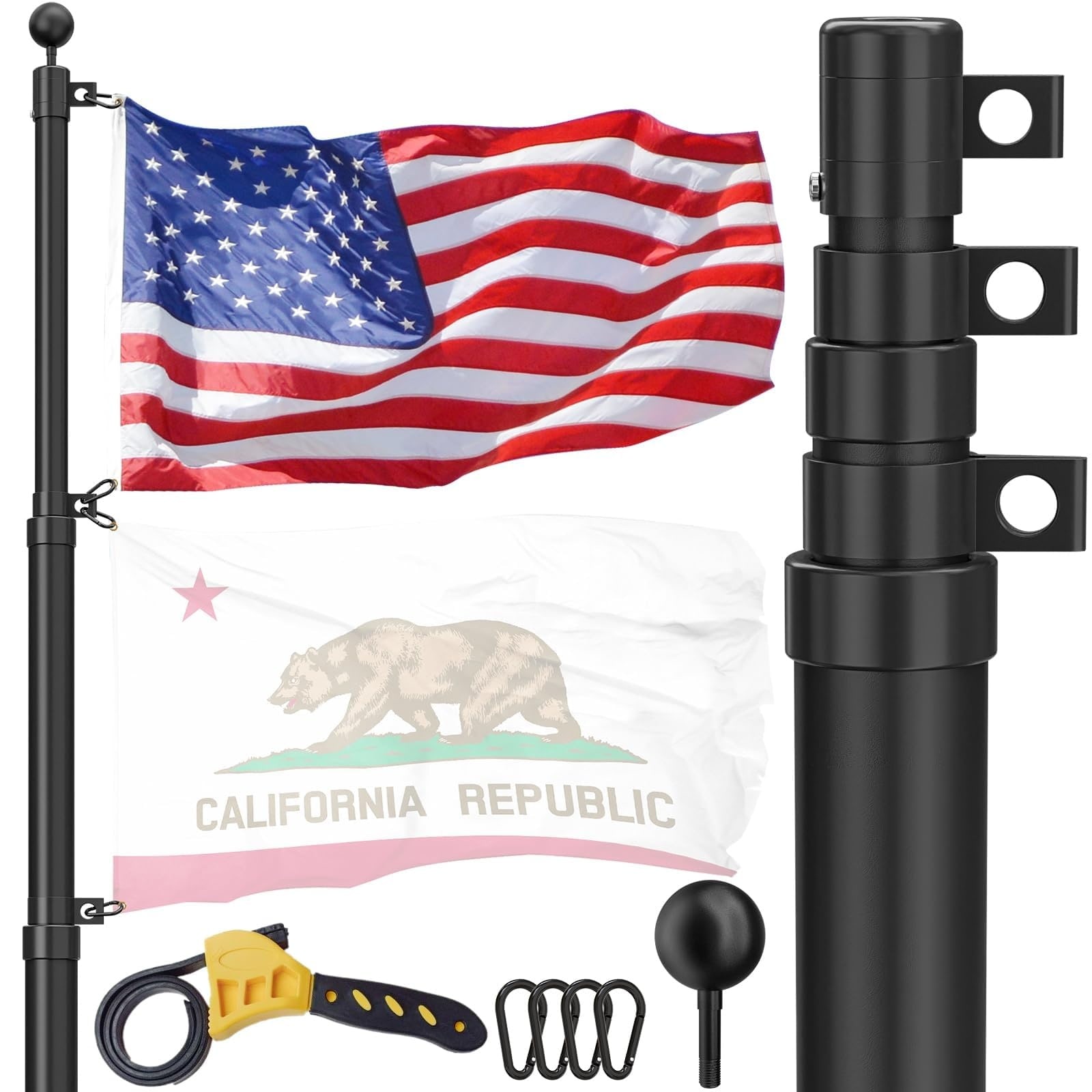 ITOPFOX  Telescoping Flag Pole Kit 16 FT Heavy Duty Aerospace Aluminum Outdoor In Ground Flagpole Adjustable Height with 3x5 American Flag Tangle