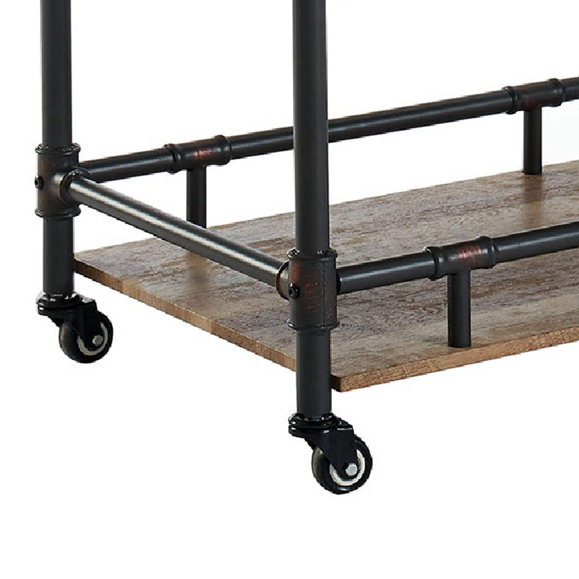 Rustic Black and Brown Three-Tier Wooden Serving Cart with Casters