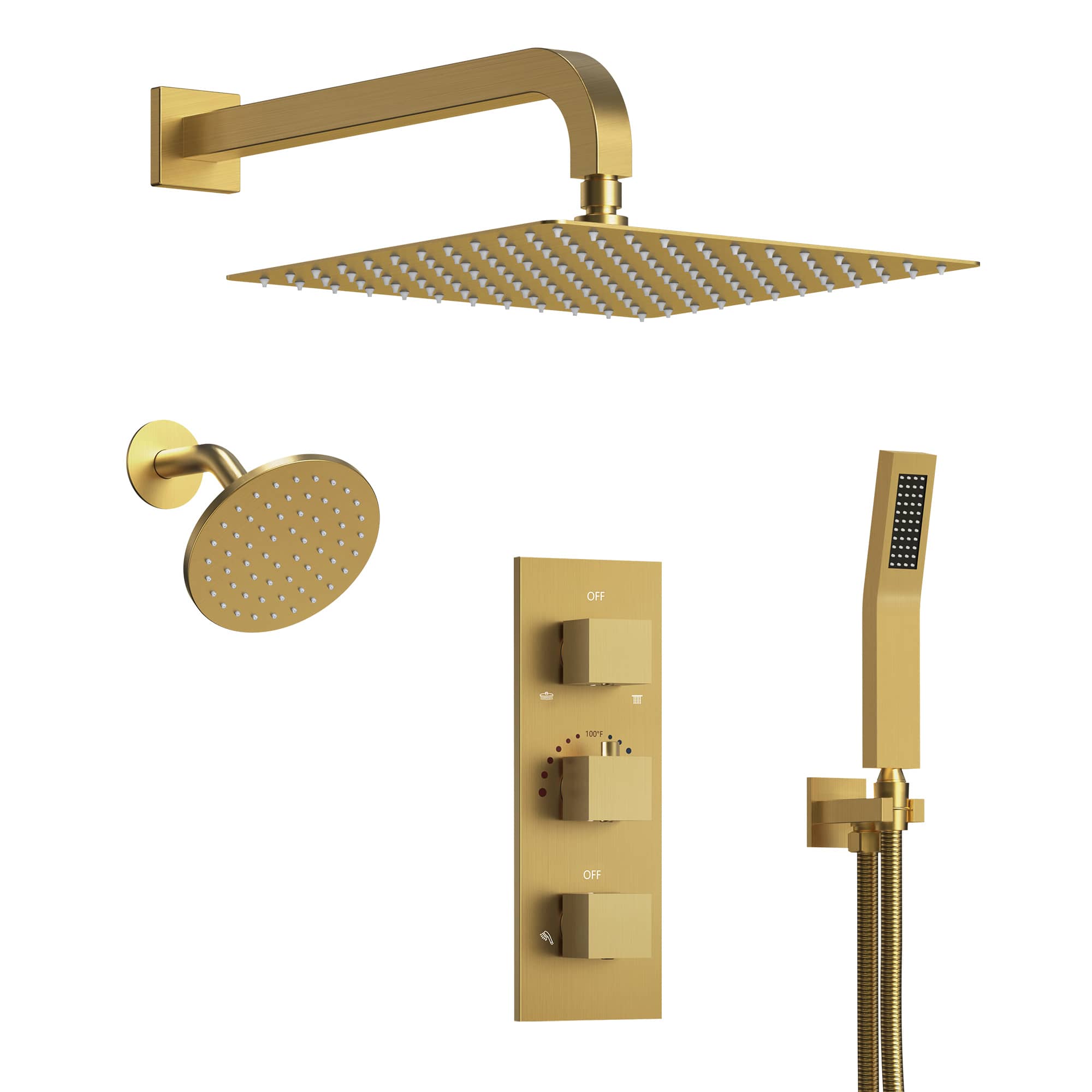 EVERSTEIN SFS-1065-GD12 5-Spray Square 12 in. Rain Wall Mount Shower System with 6 in. Shower Head Handheld shower in Brushed Gold 2.5 GPM