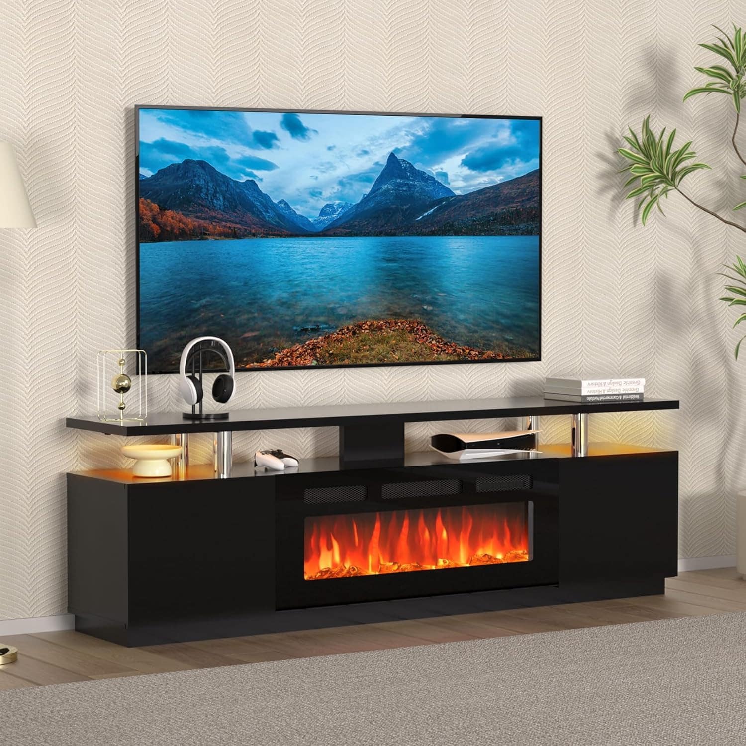 Qeetex 629833070914 36 Inch Electric Fireplace 70Inch 2-Tier TV Stand Entertainment Center with Fireplace for TVs Up Electric Fireplace with Energy Saving Fireplace Heater
