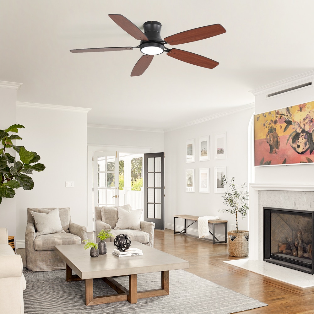 Sofucor 52-in Minimalism Dual-Sided Black 5-Blade Modern Ceiling Fan with Light Kit Remote Indoor Flush Mount Propeller Fan