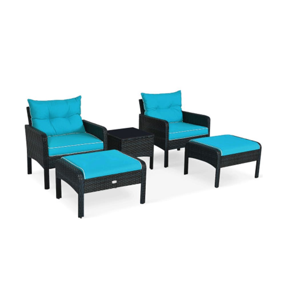 Poinic CWJ68638ATU-X 5 -Piece Rattan Patio Conversation Set with Blue Cushions