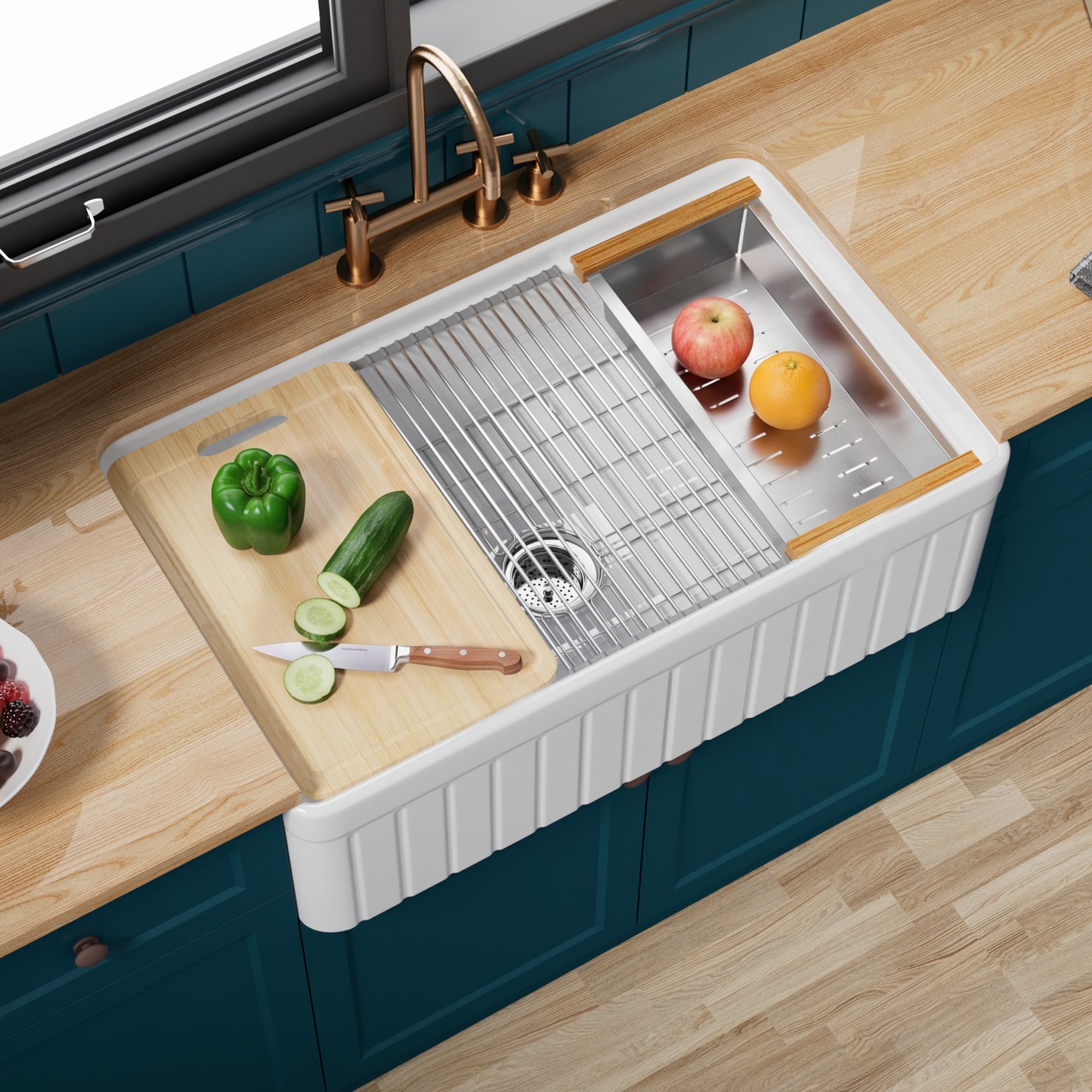 Miuara  Farmhouse Apron Front 33-in x 20-in Decor Fluted Front Single Bowl Farm Style Fireclay White Workstation Kitchen Sink with Cutting Board and Colander (Total 5 Accessories Included)