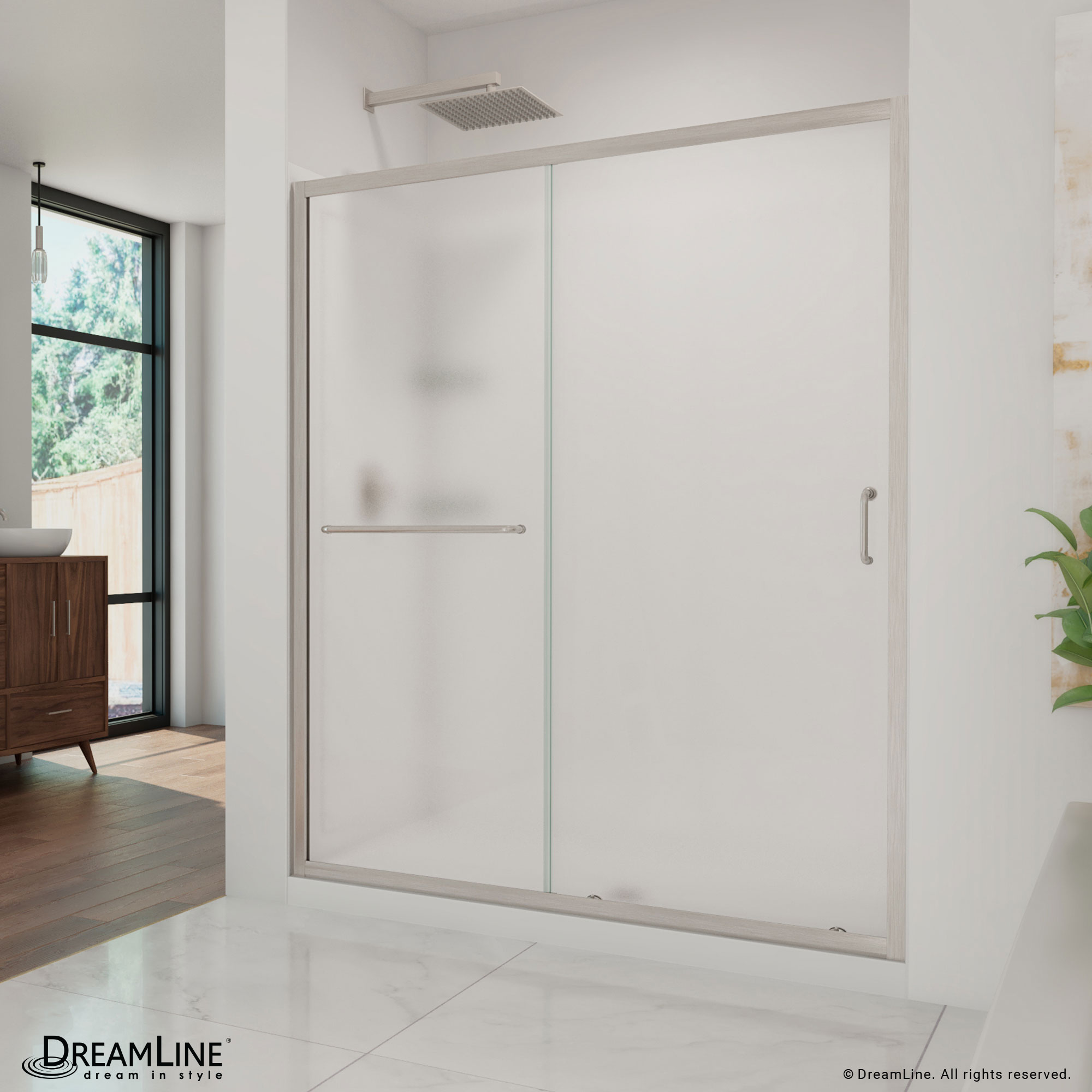 DreamLine DL-6118C-04FR Infinity-Z 3 -Piece 60-in W x 34-in L x 77-in H Rectangular Alcove shower kit ( Center Drain) Base, Wall, Door Brushed nickel