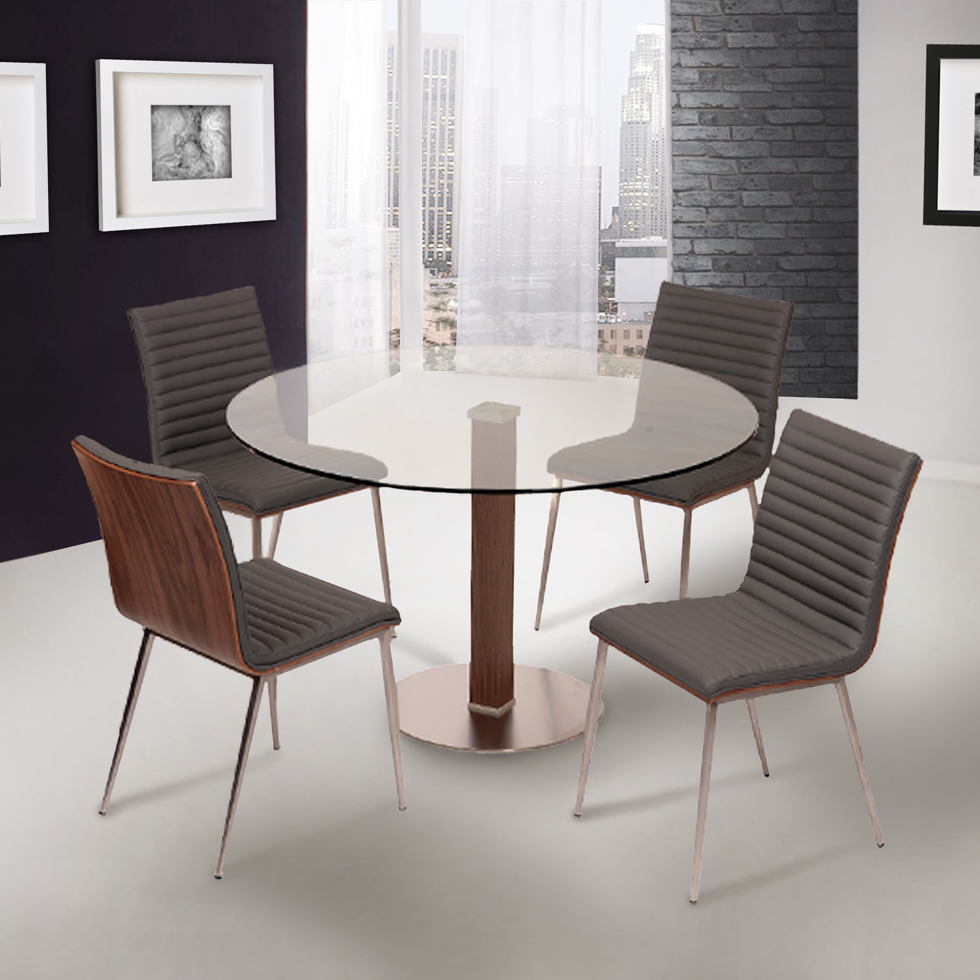 Gray Faux Leather Upholstered Side Chair with Walnut Back and Metal Legs