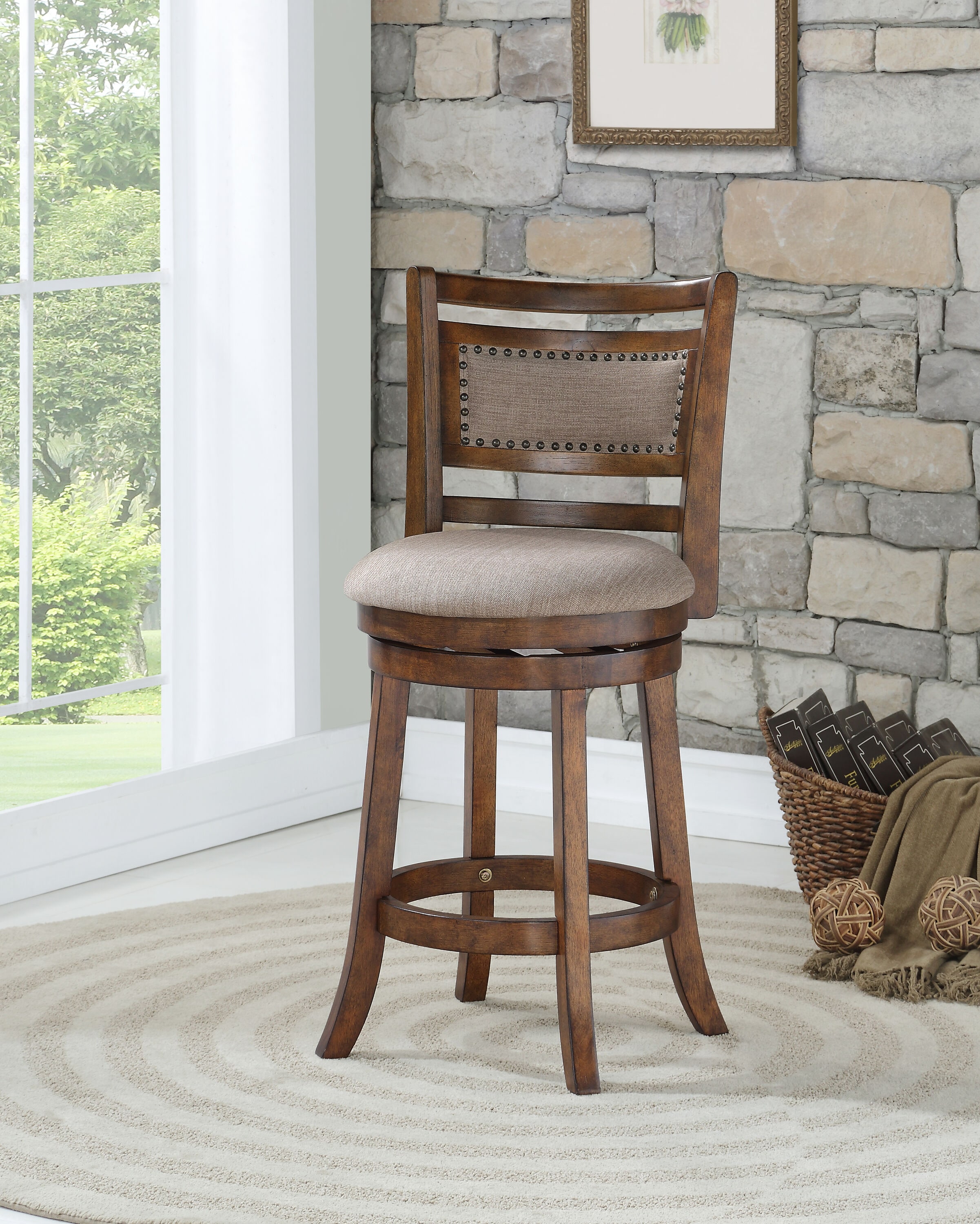 Aberdeen Dark Brown Wood Swivel Bar Stool with Fabric Seat
