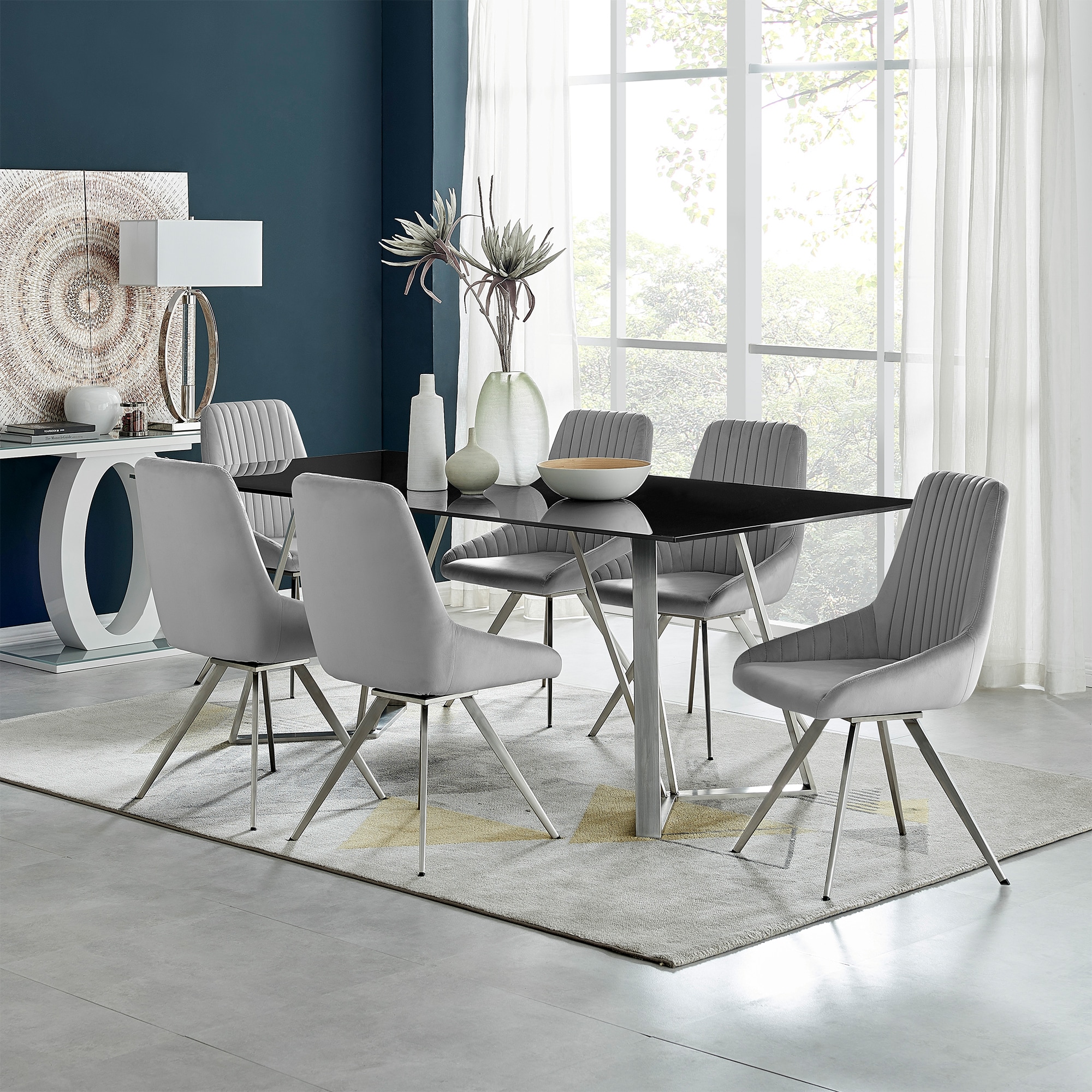Contemporary Gray Velvet Upholstered Swivel Dining Chair