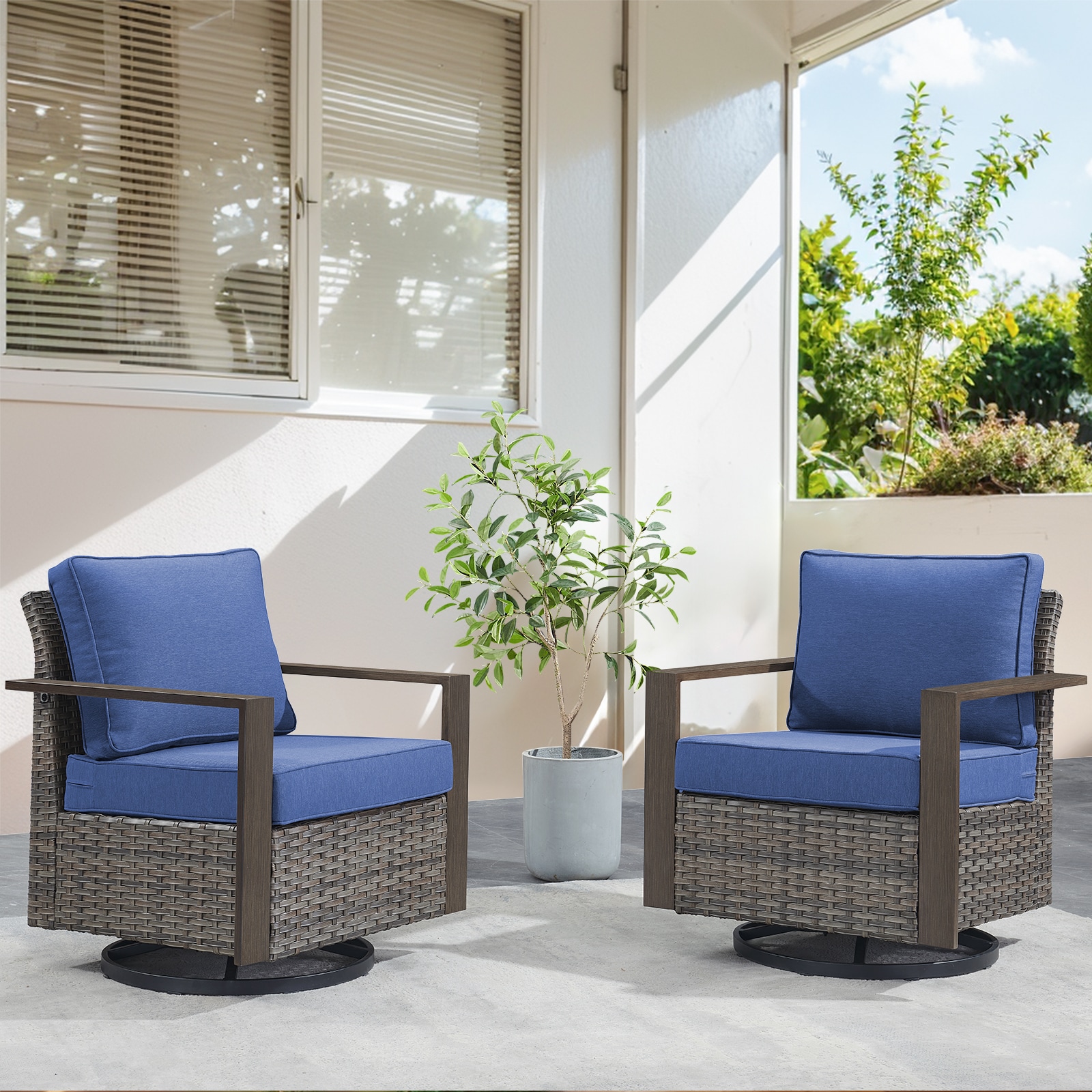  PA137-1 PACHAIRS-T Set of 2 Wicker Gray Steel Frame Swivel glider Conversation Chair with Navy Cushioned Seat