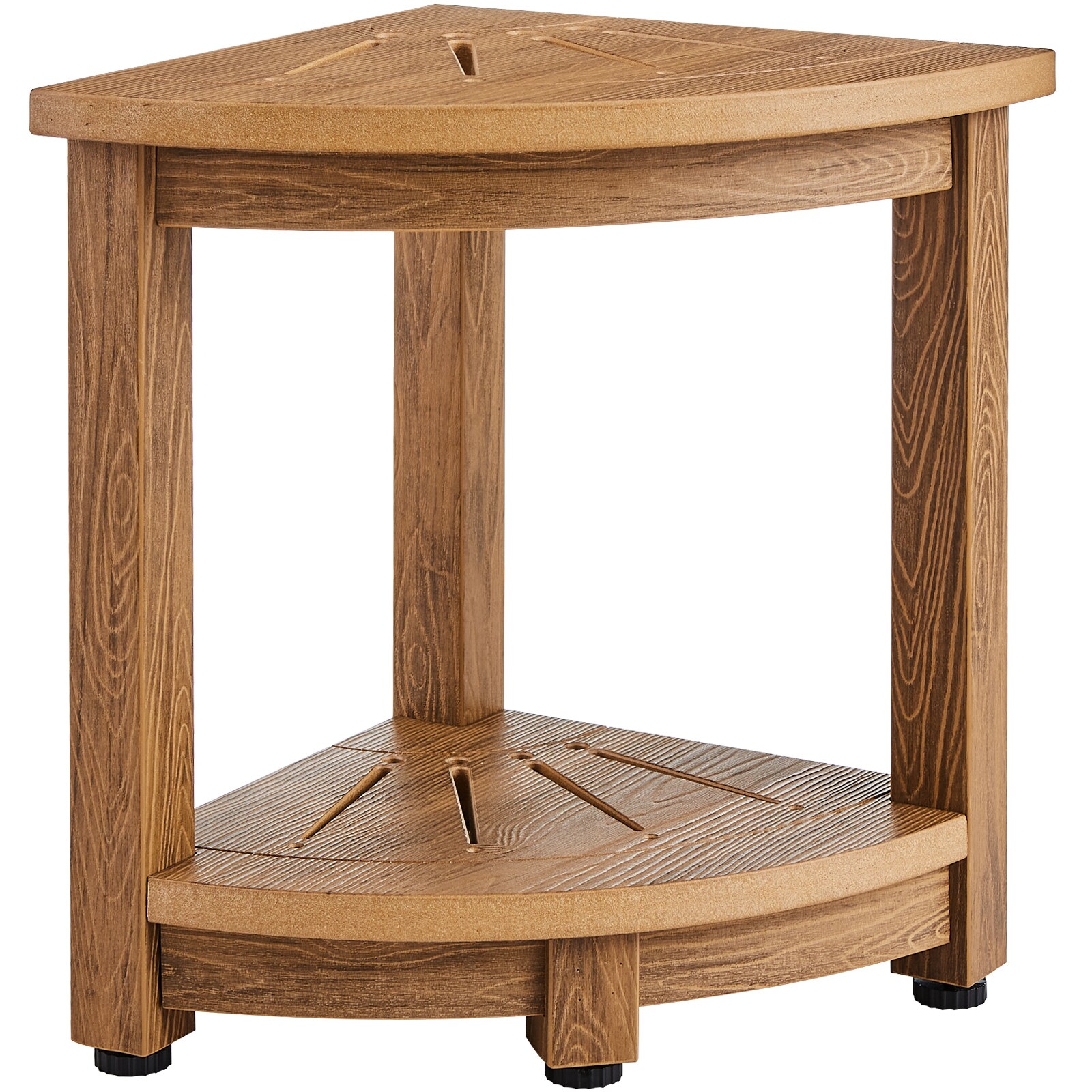 LUXEYARD Corner Shower Bench 16.5inch Height 12.8inch Radius Faux Wood Grain Polystyrene 350 LBS with Storage Shelf Water Resistant Shower Stool for Inside and Outside Shower for Bathroom Living Room