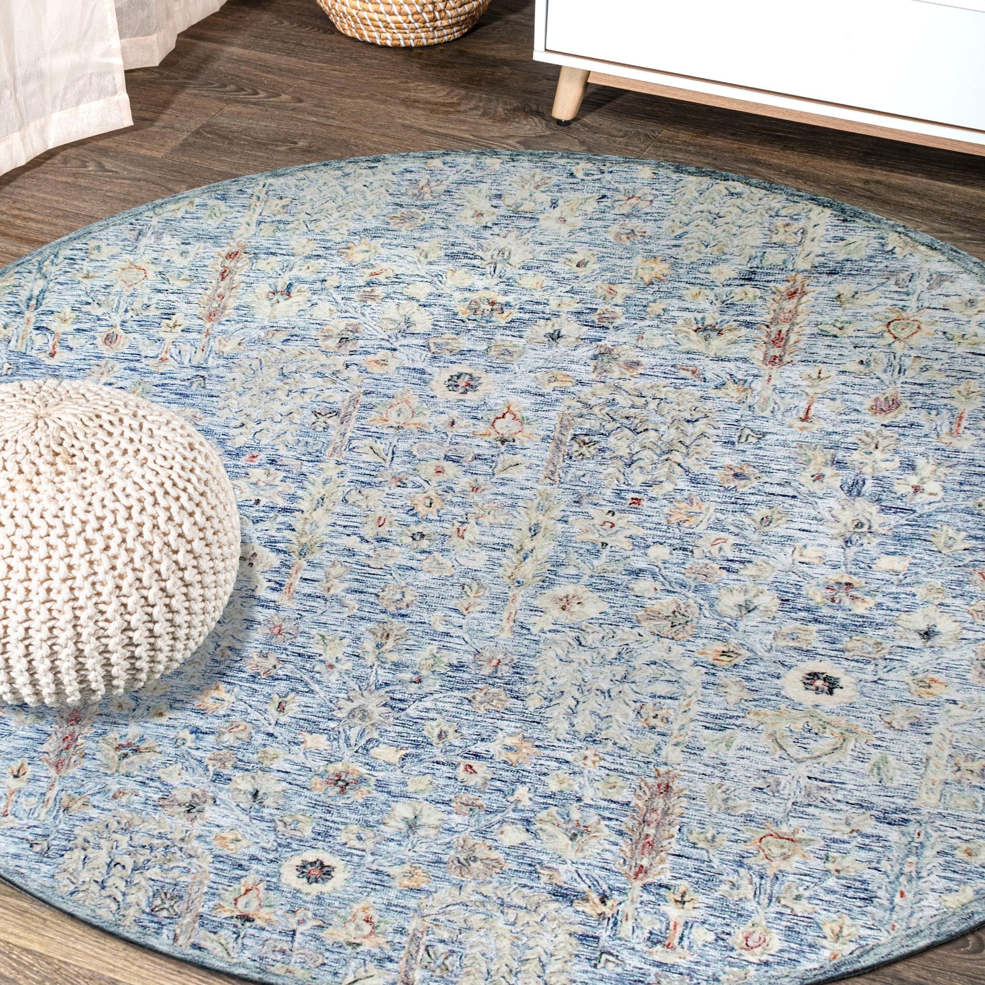 LR Home 6393A1084934J8 8 x 8 (ft) Tufted Wool Blue/Ivory/Taupe Round Indoor Floral/Botanical Vintage Area rug