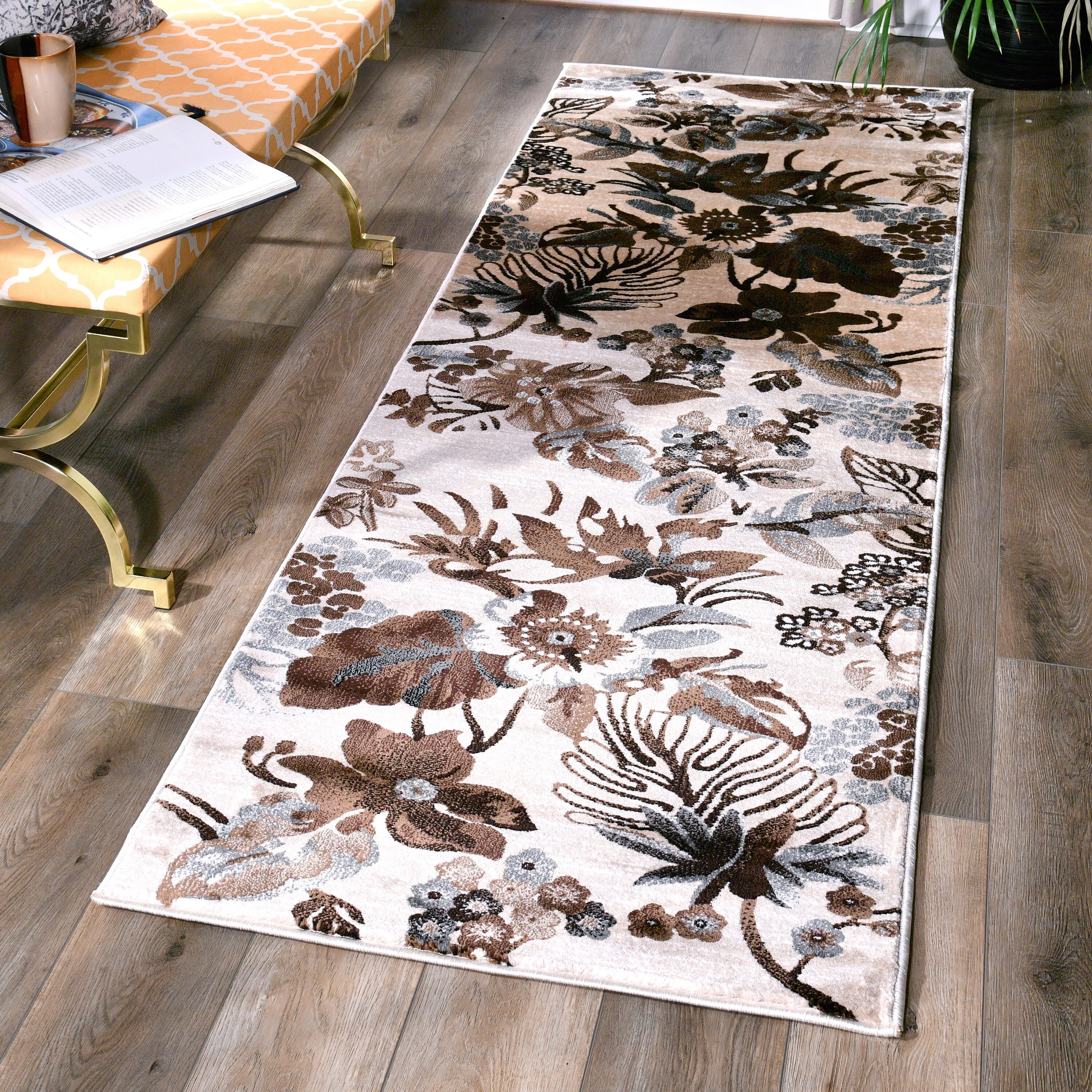 MDA Rugs AS0728 Asja 2 x 8 (ft) Polypropylene Beige/Brown Rectangular Indoor Floral/Botanical Runner