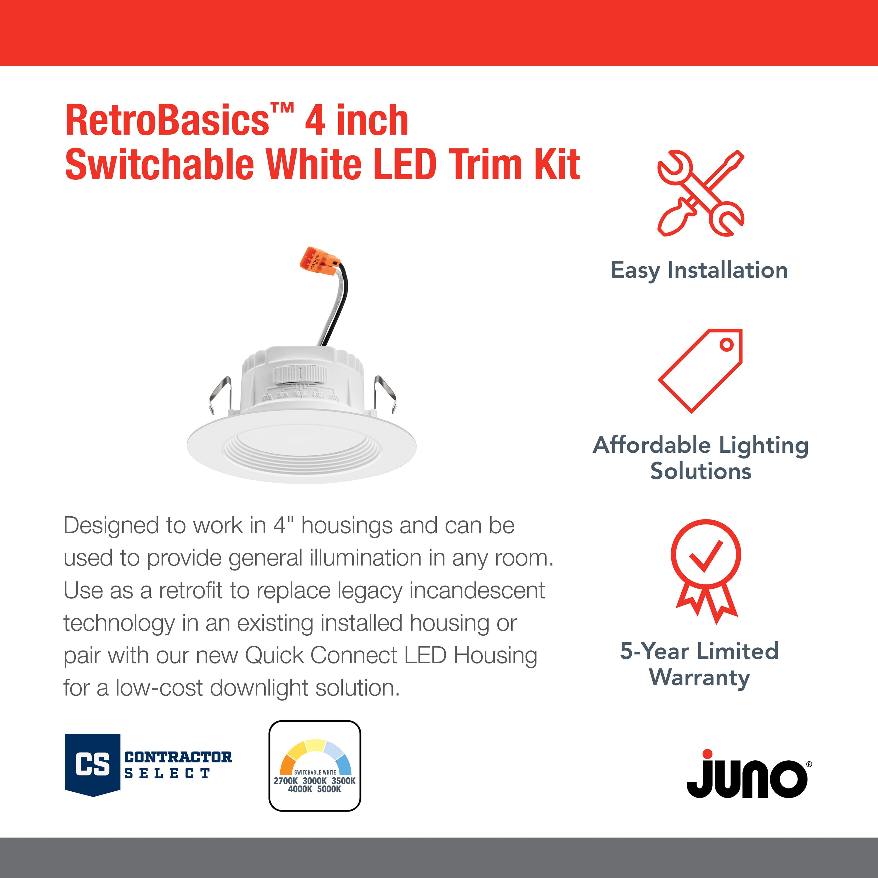 4'' White LED Retrofit Recessed Lighting Kit with Switchable Color Temperature