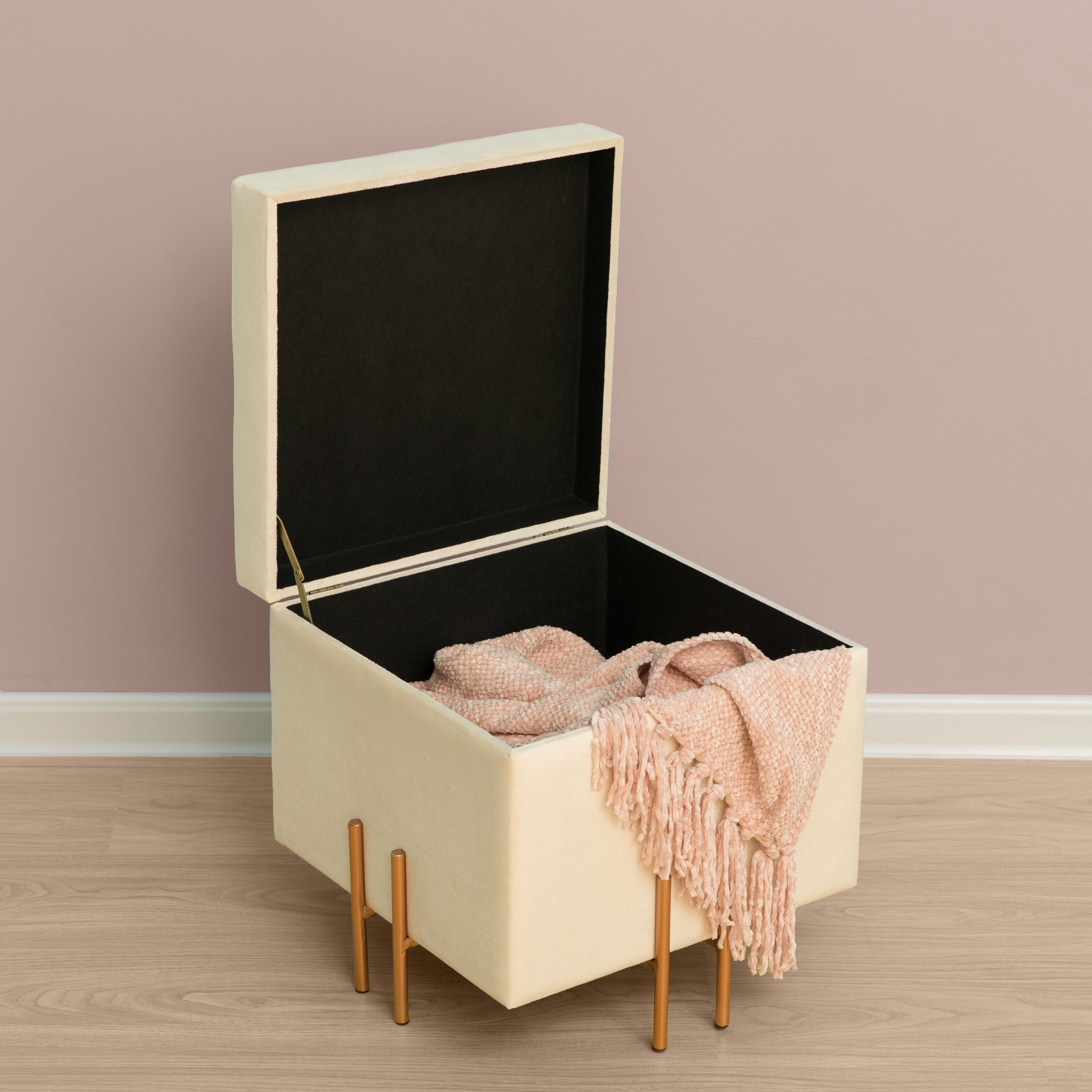 Ivory Velvet Storage Ottoman with Rose Gold Legs