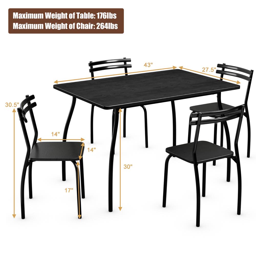 Black Steel and MDF 5-Piece Dining Set with Ergonomic Chairs