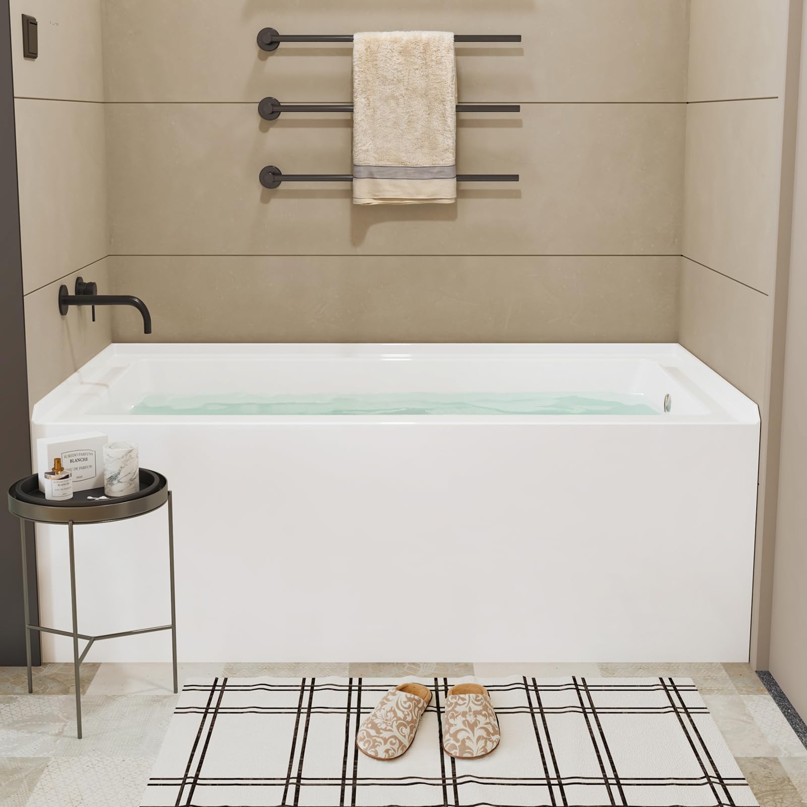 GarveeLife Glossy White 60 Inch x 30 Inch Acrylic Alcove Bathtub Rectangular Apron Front Tub Right Drain Overflow Built In Ledge Chrome Hardware Easy Installation for Bathroom