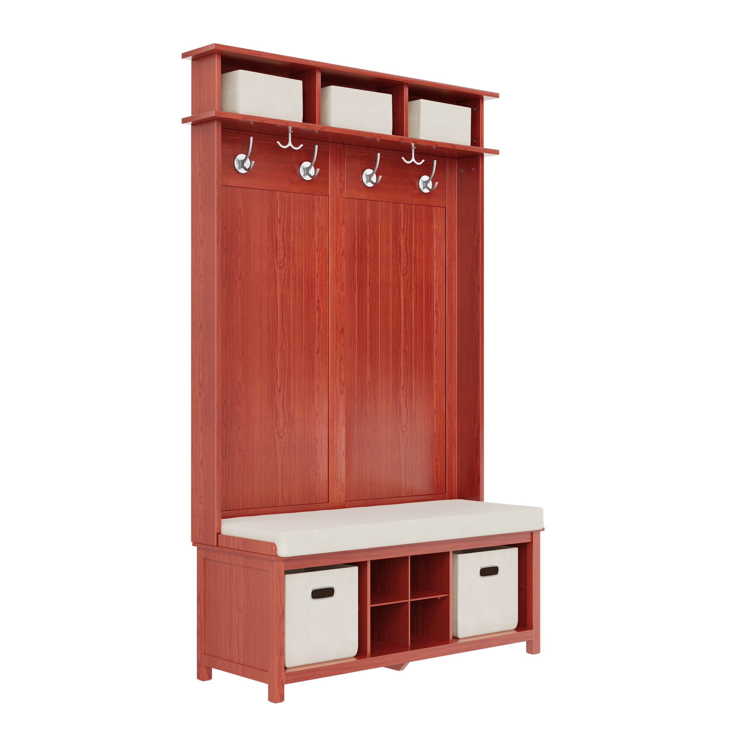 Red Mahogany Solid Wood Hall Tree with Storage Bins and Cushion