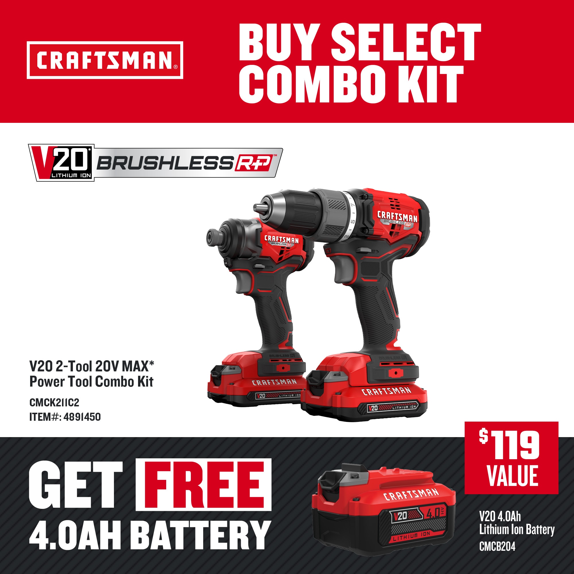 CRAFTSMAN V20 RP 2-Tool Brushless Power Tool Combo Kit with Soft Case  (Li-ion Batteries Included and Charger Included) in the Power Tool Combo  Kits department at