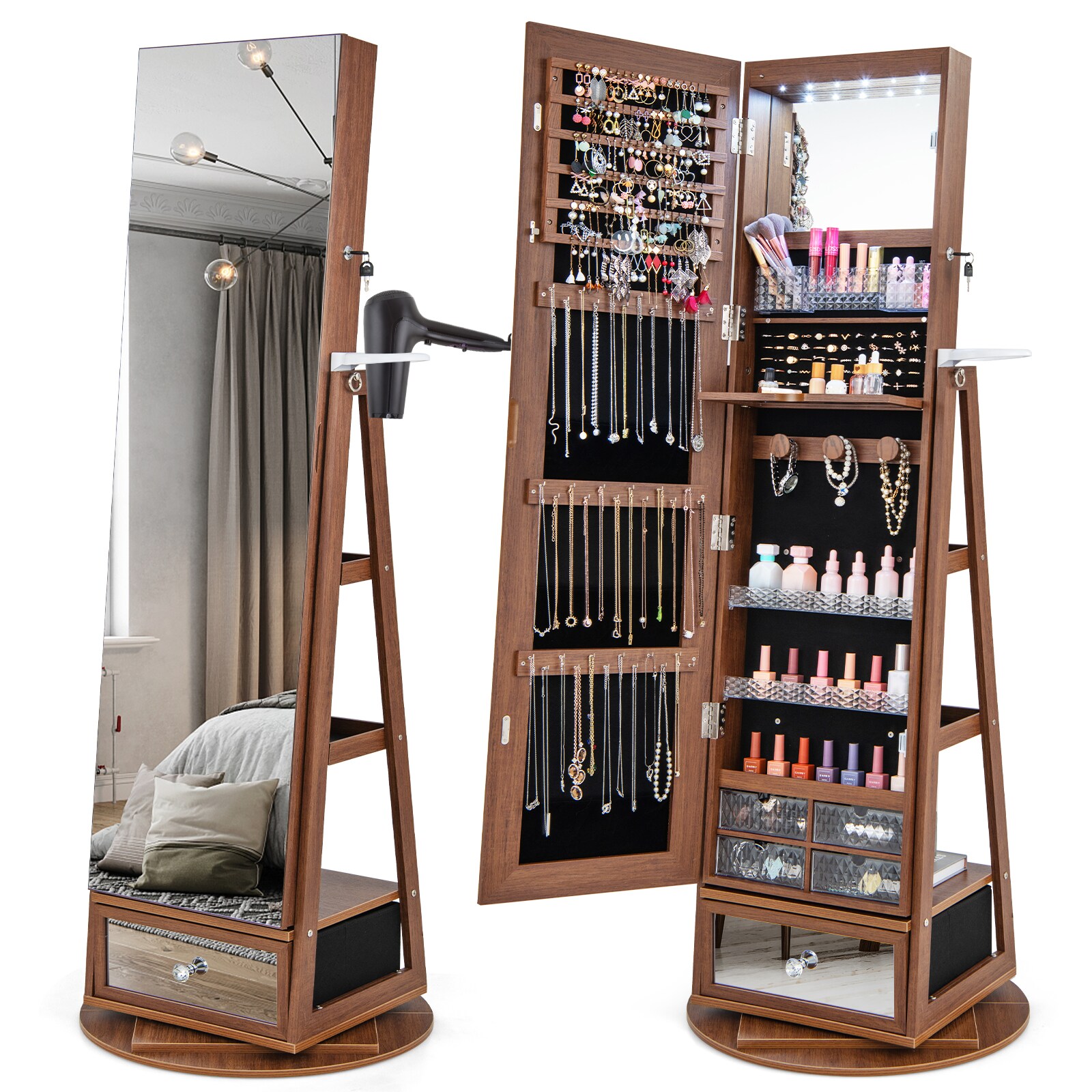 Slickblue D-CO-NB59111VJ Lockable 360° Swivel Jewelry Cabinet with Full-Length LED Mirror and Rear Shelves – 22L x 64.5H – Bedroom or Dressing Room Storage- Available in Four Color Option