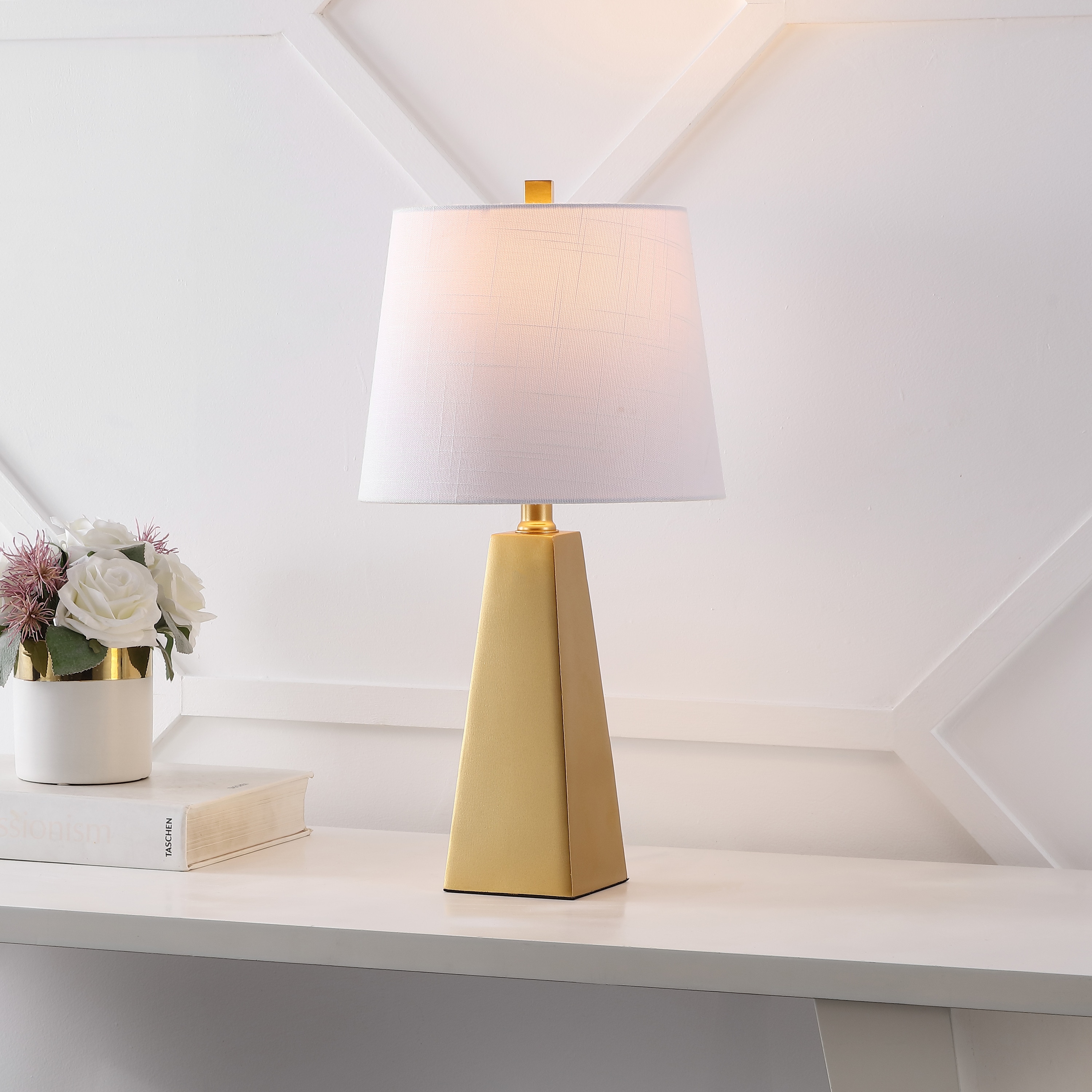 JONATHAN  Y JYL1038A Owen Resin Contemporary 20.5-in Gold Leaf LED Incandescent Rotary socket Table Lamp with Linen Shade