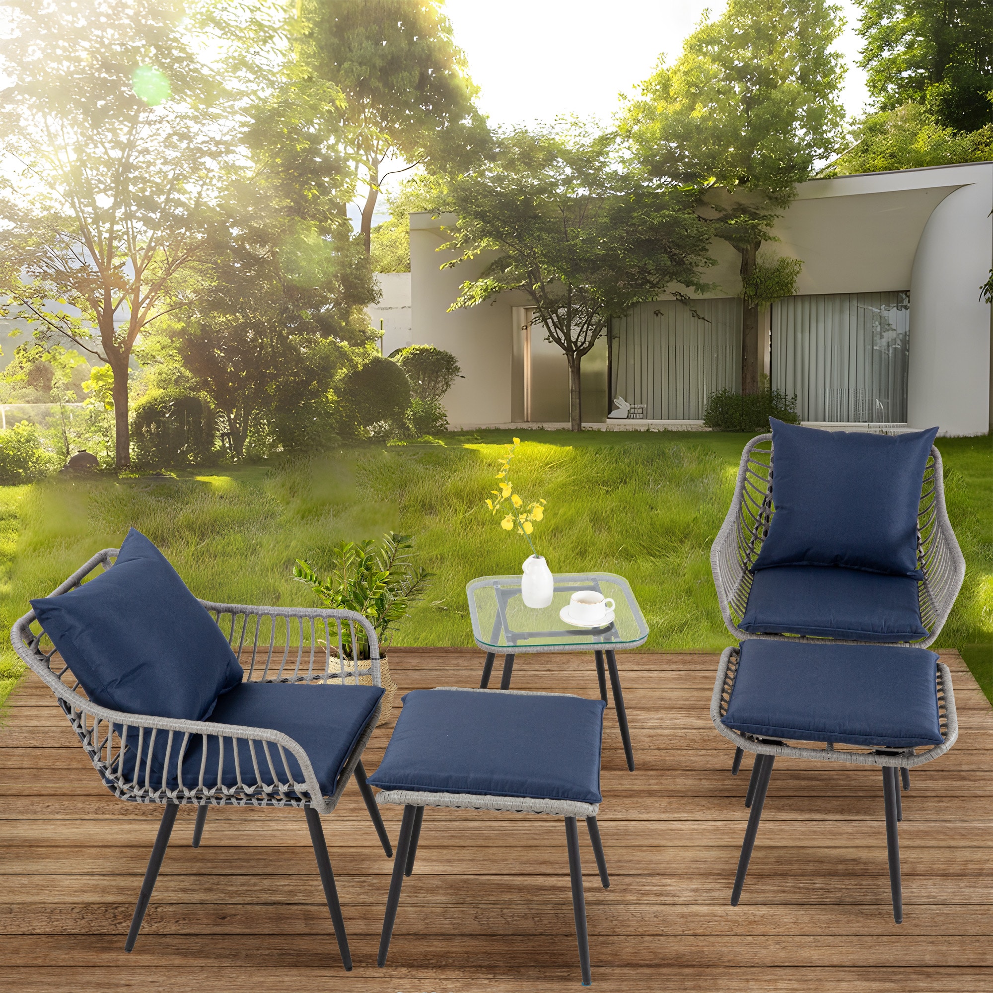 EarlGrove DJ-245001GYGY 5 -Piece Wicker Patio Conversation Set with Blue Cushions