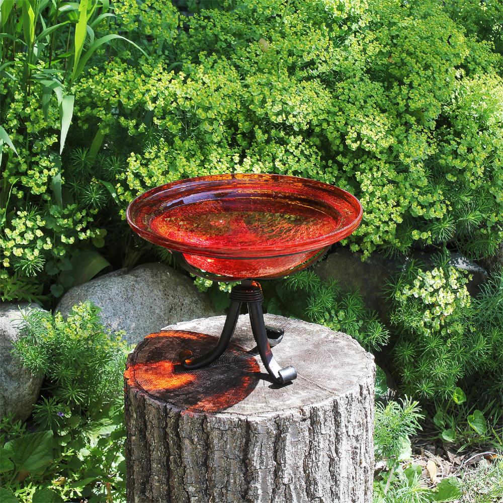 Red Hand Blown Crackle Glass Birdbath with Wrought Iron Stand
