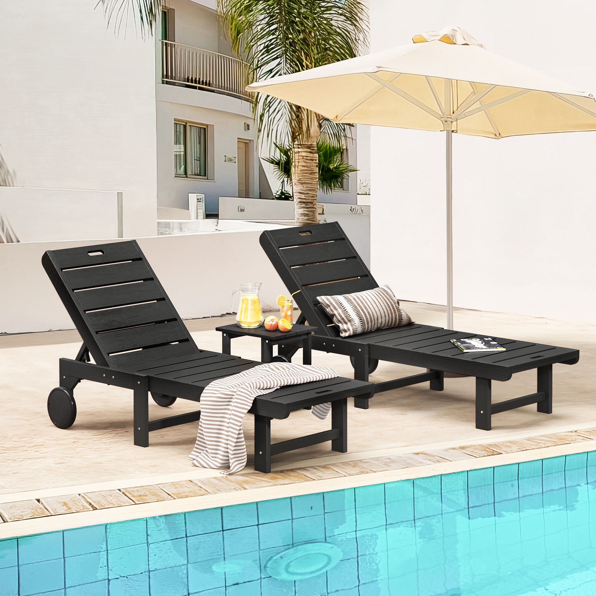 Yurevna 2JD-001-01LS Chaise lounge Set of 2 Black HDPE Frame Stationary Chaise Lounge Chair with Slat Seat