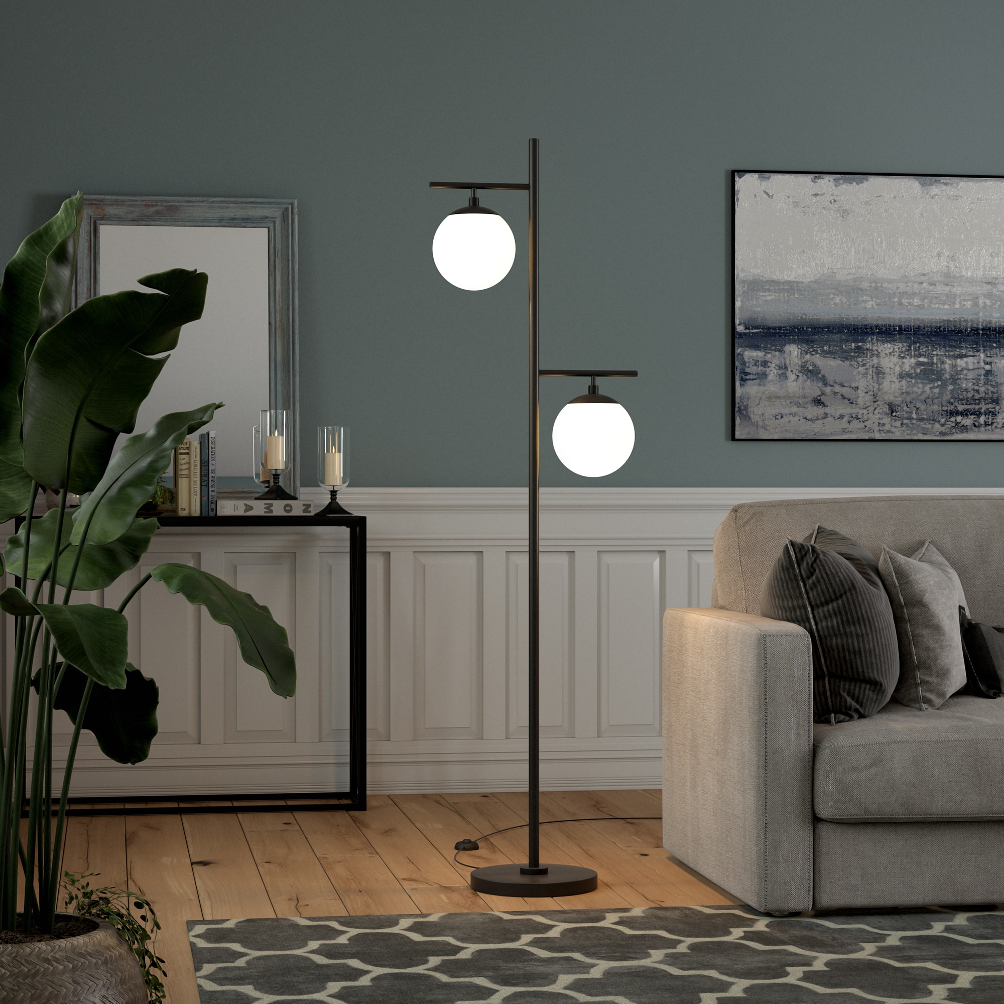 Blackened Bronze Mid-Century Modern Floor Lamp with Milk Glass Shades