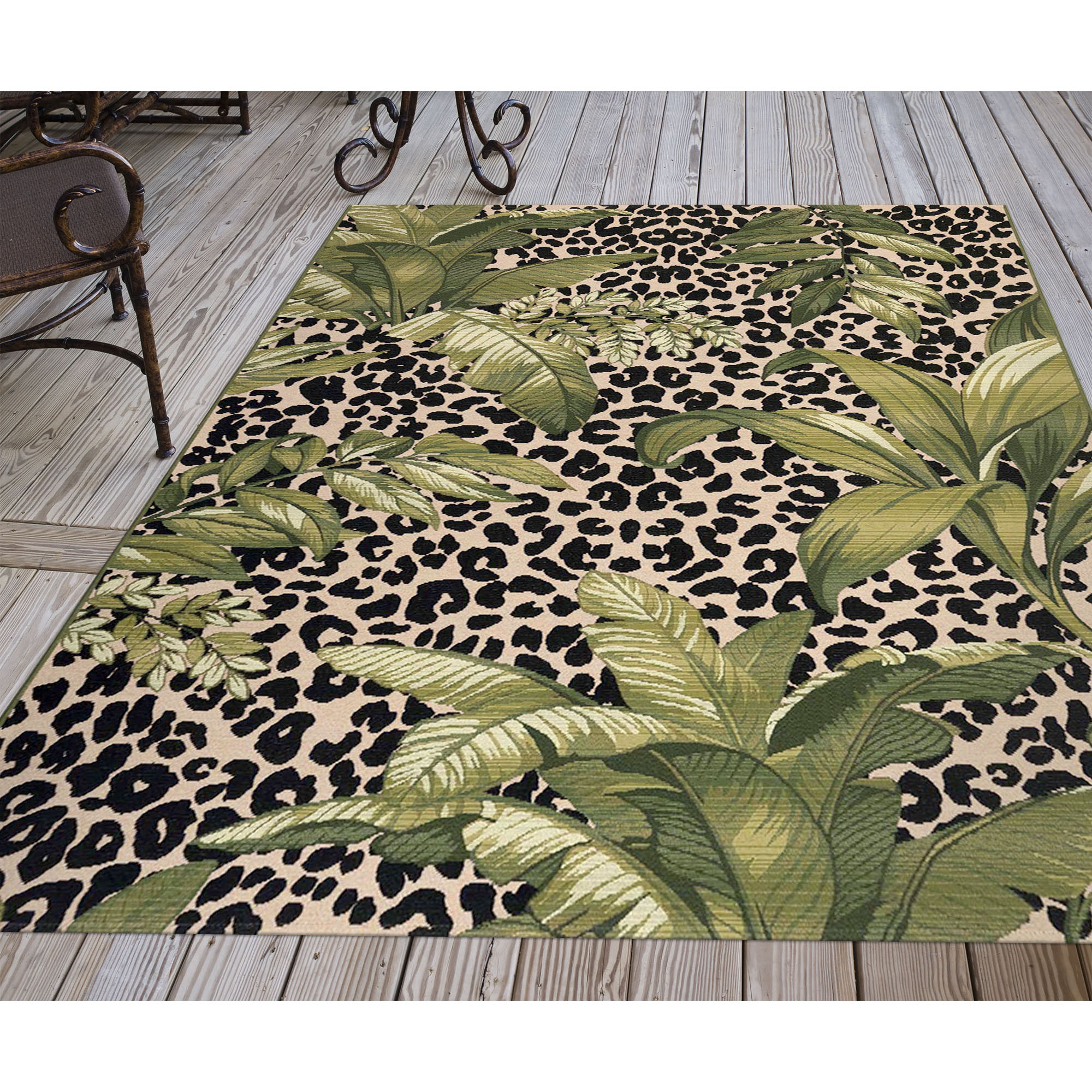 Black and Green Tropical Leopard Print Indoor/Outdoor Rug