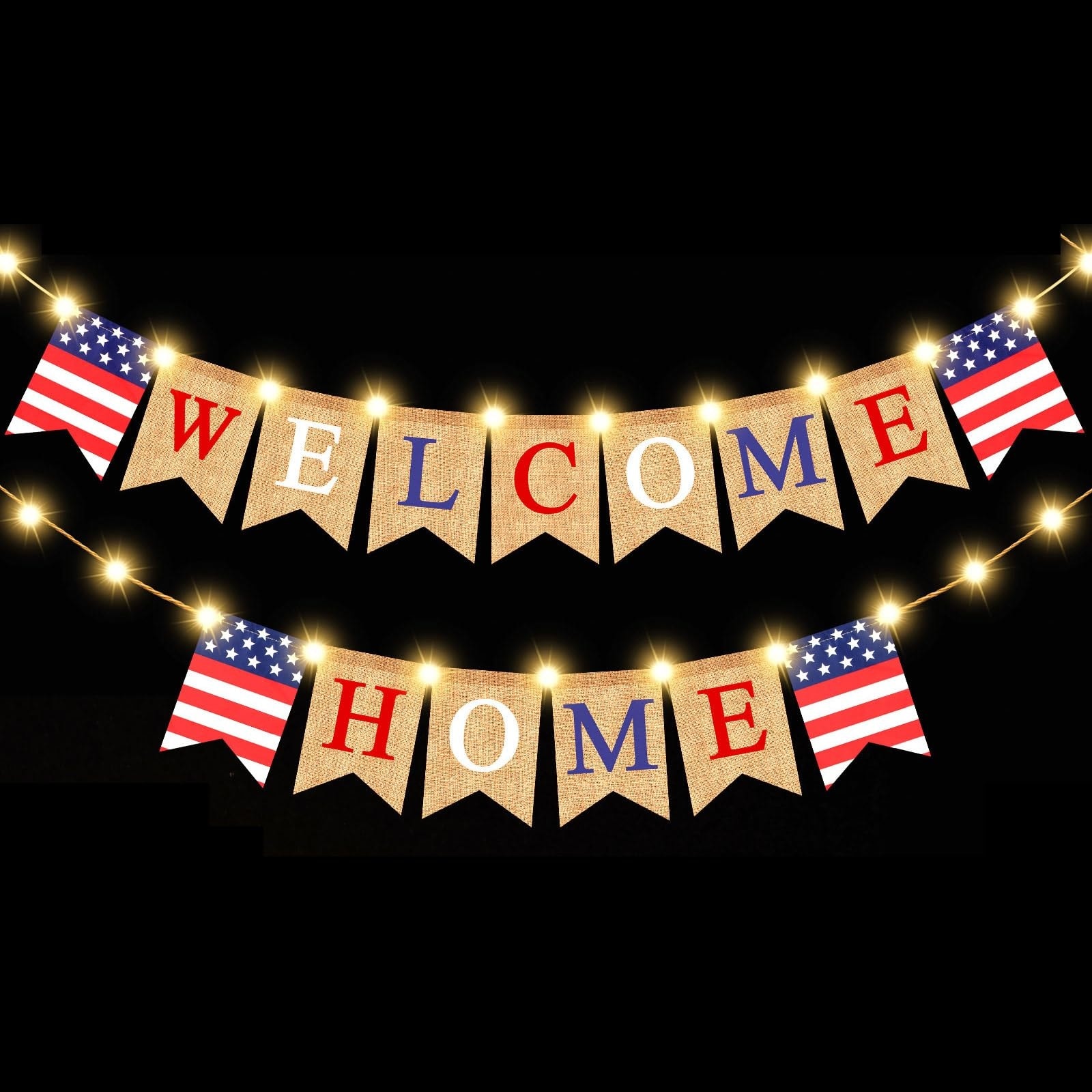 Afoxsos  Welcome Home Banner Set with LED String Lights Patriotic Star Flag Bunting for Housewarming Military Celebration Family Party 4 Piece