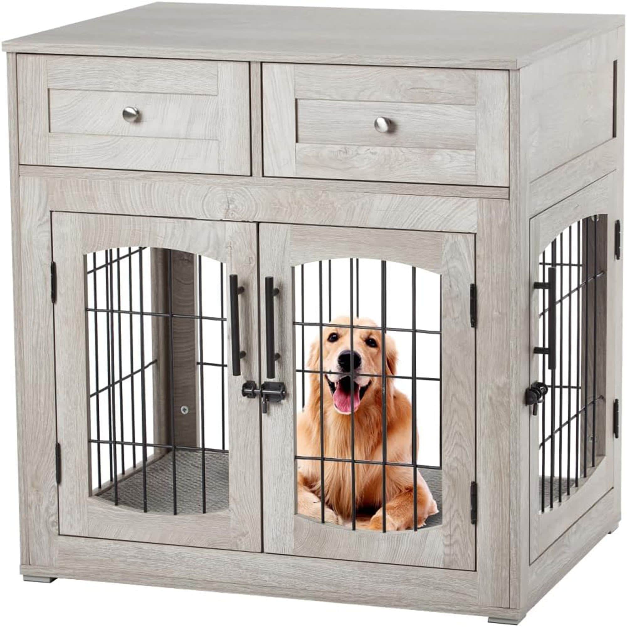 Qeetex LSHQQPHO-0WUAPPE1 Spacious Wooden Dog Kennel With Cushions And Two Drawers Designed For Medium To Large Dogs Gray (Large size)