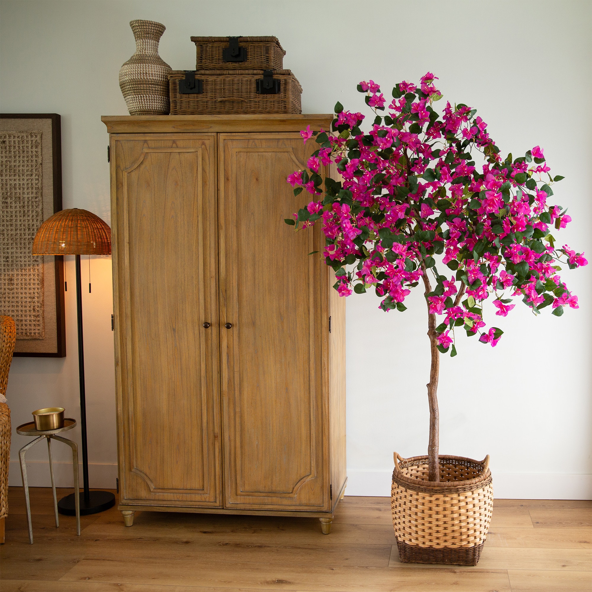 Tall Pink Artificial Bougainvillea Tree in Black Plastic Pot