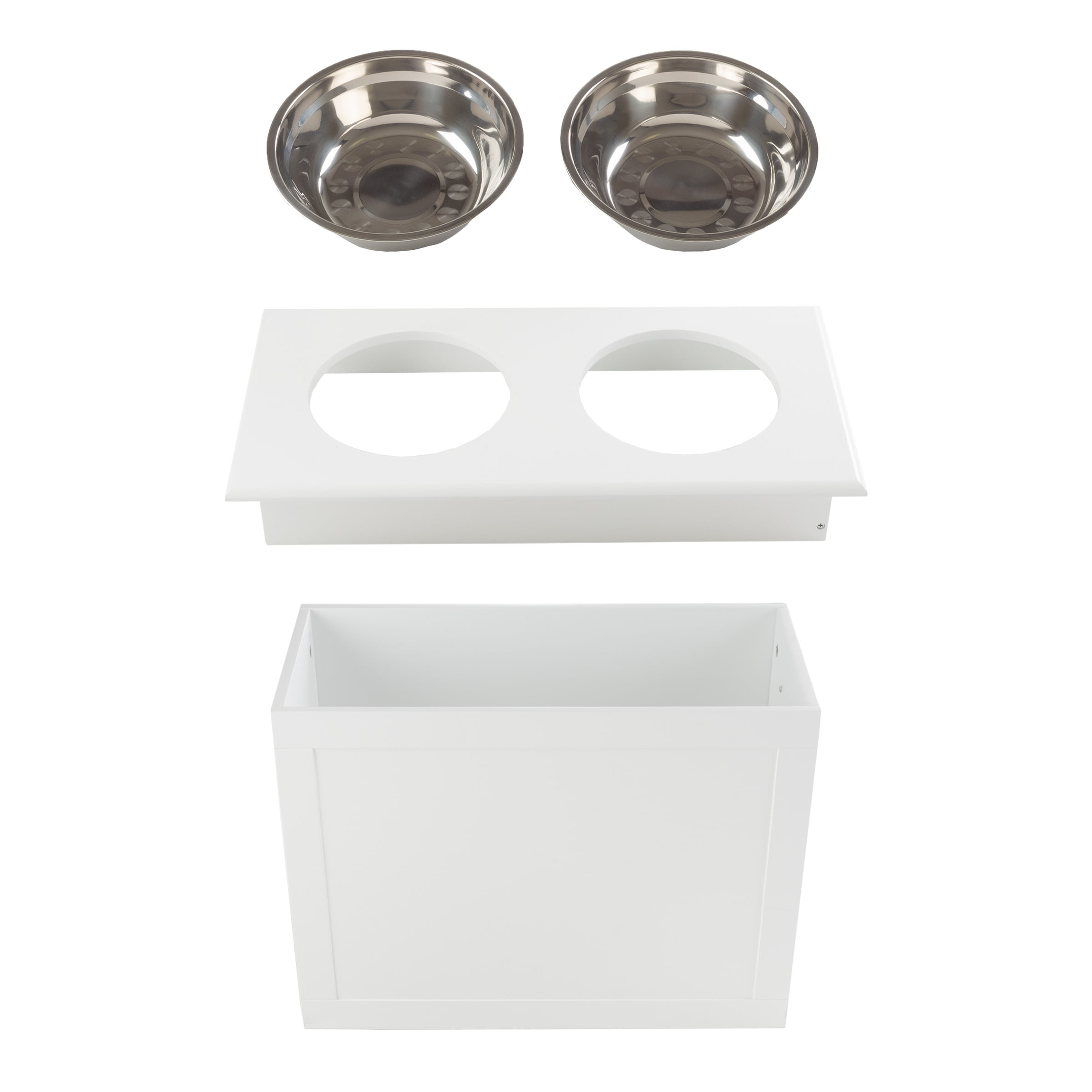 White Elevated Dog Bowls with Hidden Storage and Stainless Steel