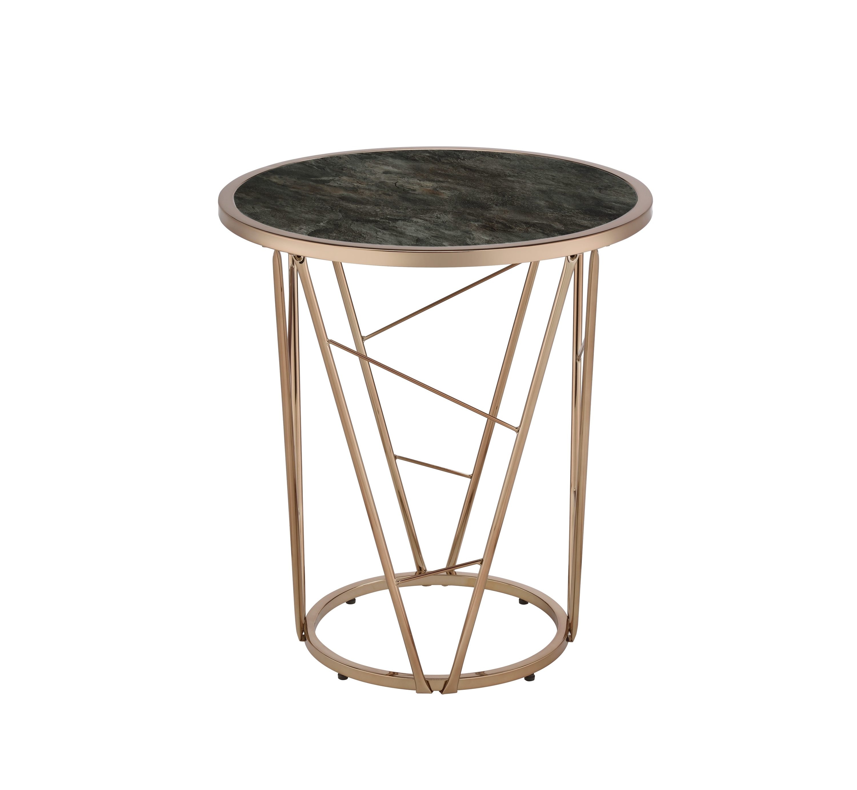 ACME FURNITURE 82472 Cicatrix 22-in W x 24-in H Faux Black Marble Glass and Champagne Faux Marble Round Modern End Table Assembly Required