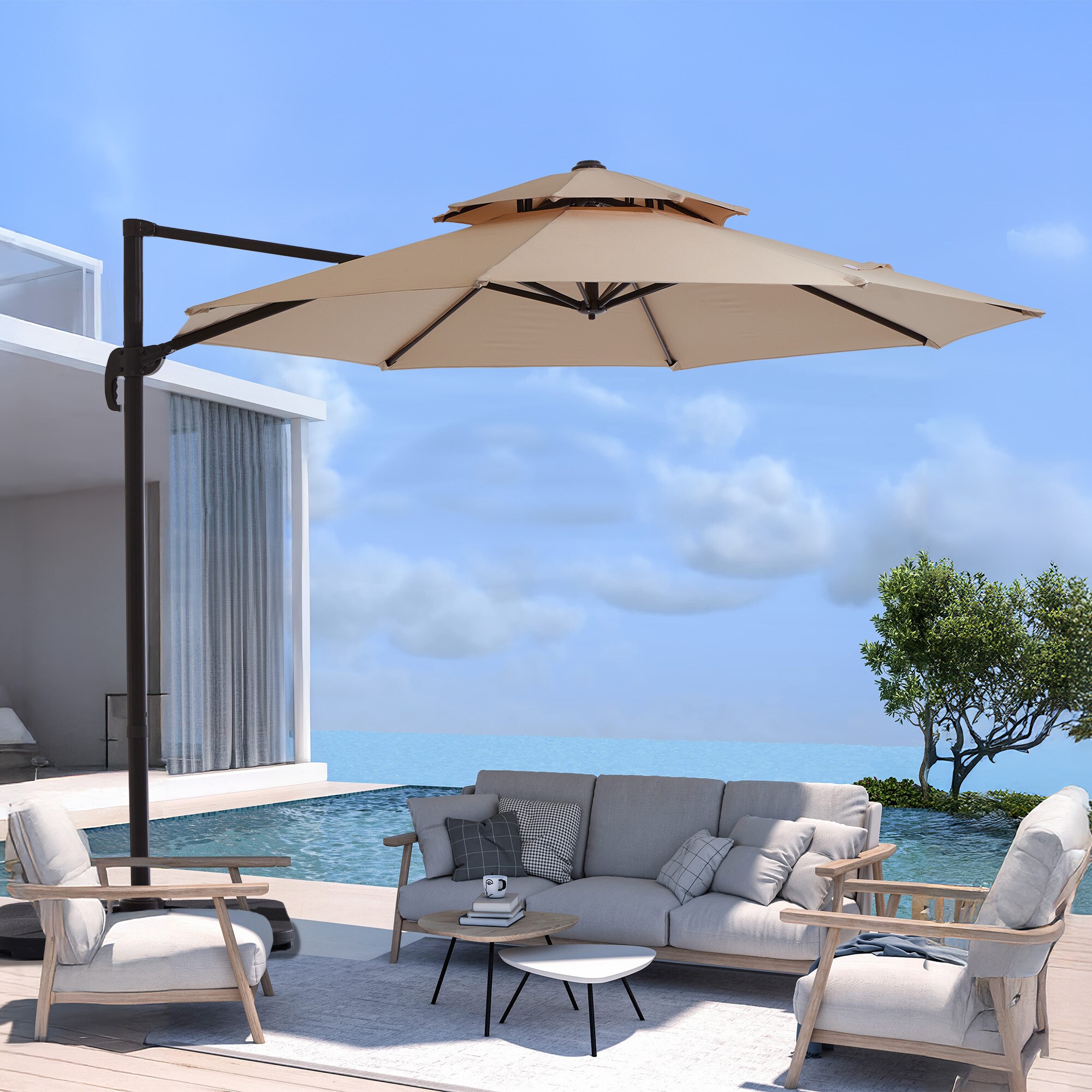 VOUA SAF-NDBL-WH 11-Feet Aluminum Beige Crank Cantilever Patio Umbrella with Base