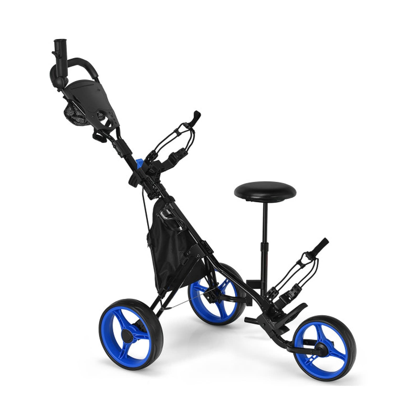 SUGIFT 3-Wheel Folding Golf Push Cart with Seat Scoreboard Adjustable Handle Cup Holder and Quick Brake EVA Ball-Bearing Wheels Blue