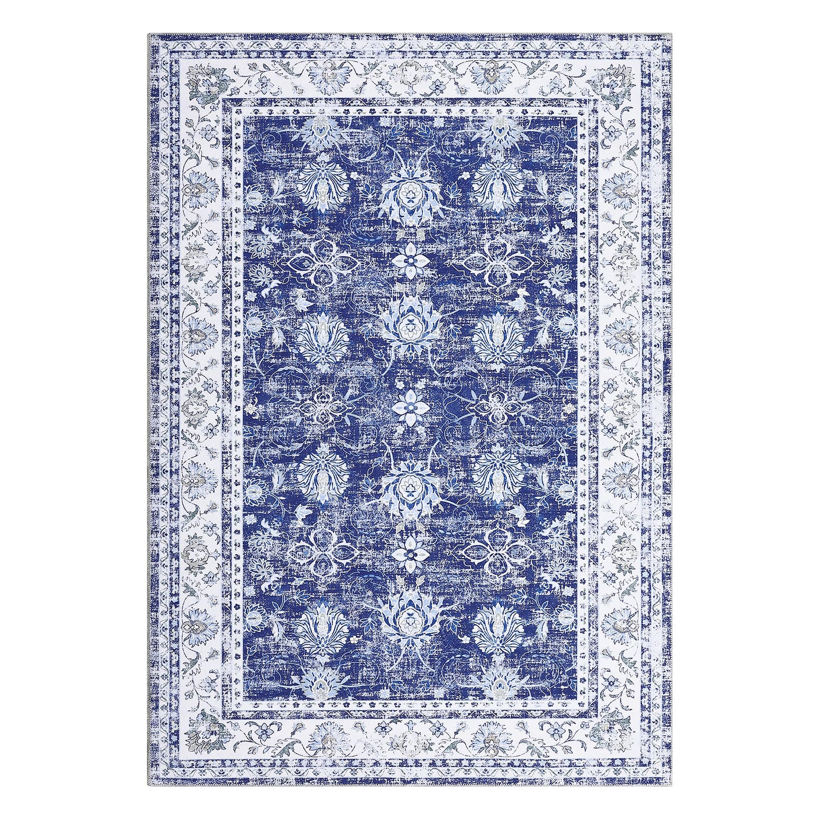 Qeetex LSN-PHO-105JVET6 9 x 12 ft Polyester Chenille Blue Rectangular Hallway Bathroom Entryway Kitchen Office Foldable Flower Printed Persian Washable Area Rug