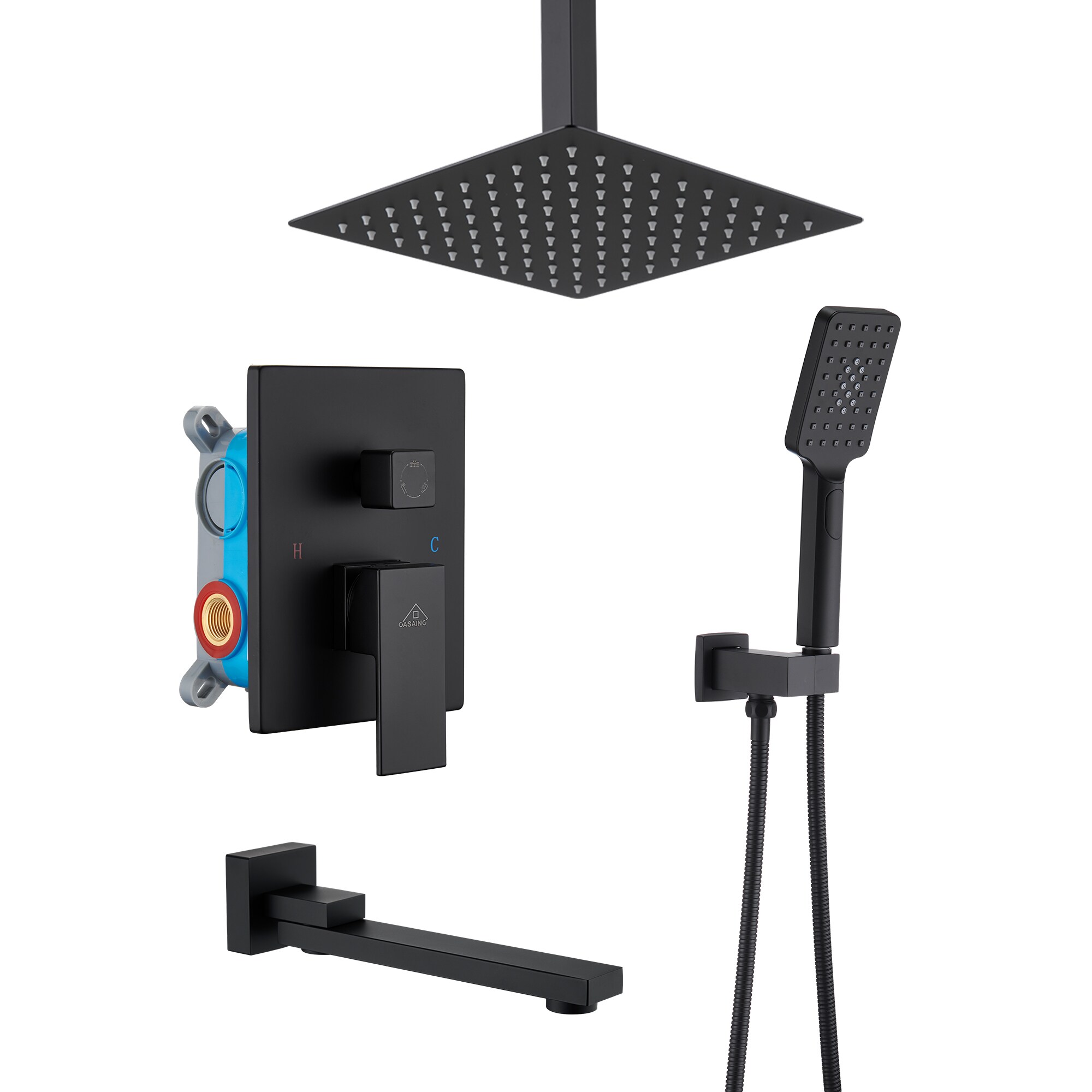 Mondawe MOEB113-12MB Matte Black 10-Inches Waterfall Dual Head Built-In Shower Faucet System with 3-way Diverter ( Pressure-balanced Valve Included )