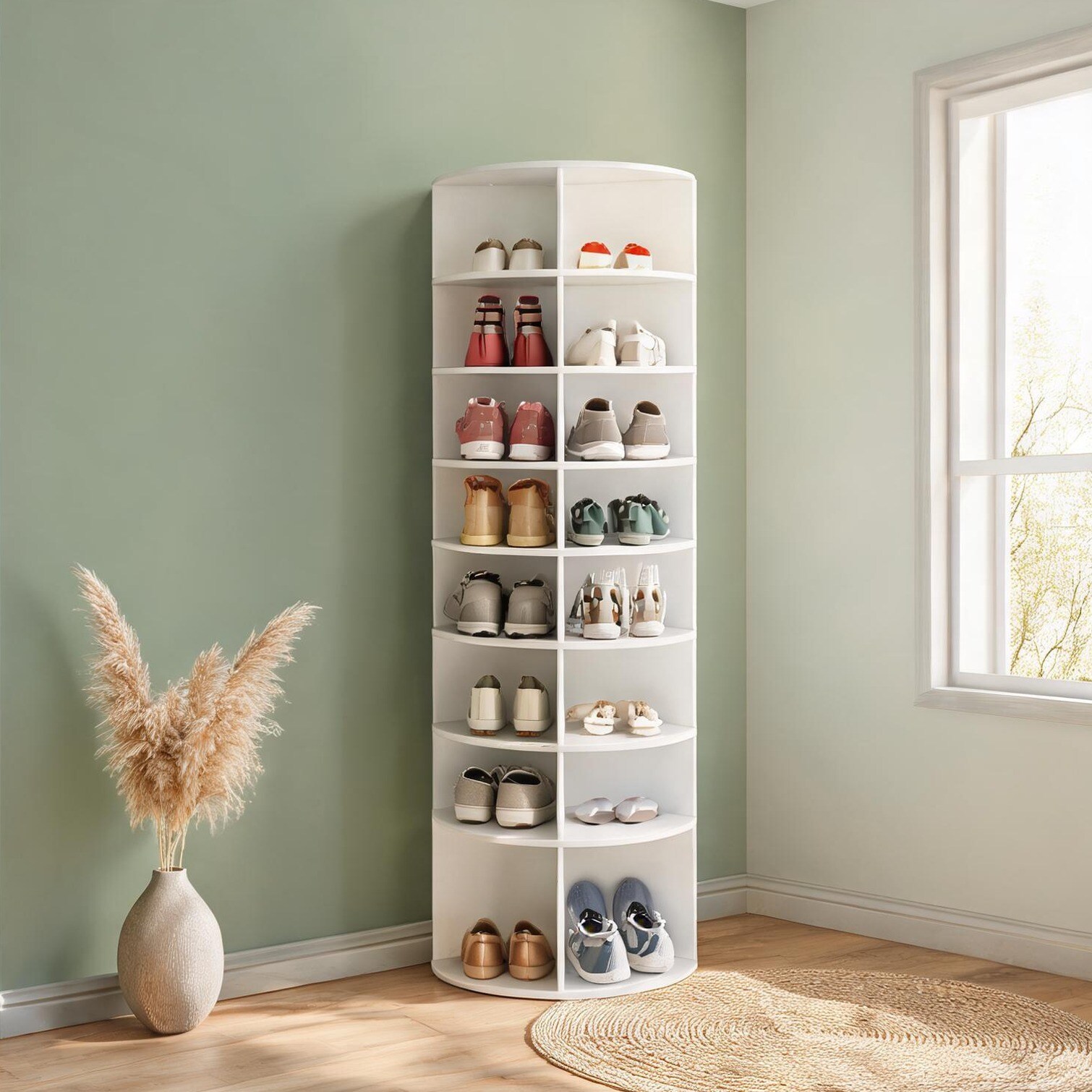 Tammesy 360 Rotating Shoe Rack with 7 Tiers White Finish Durable Composite Material for Entryway Closet Storage 60x60x184 cm