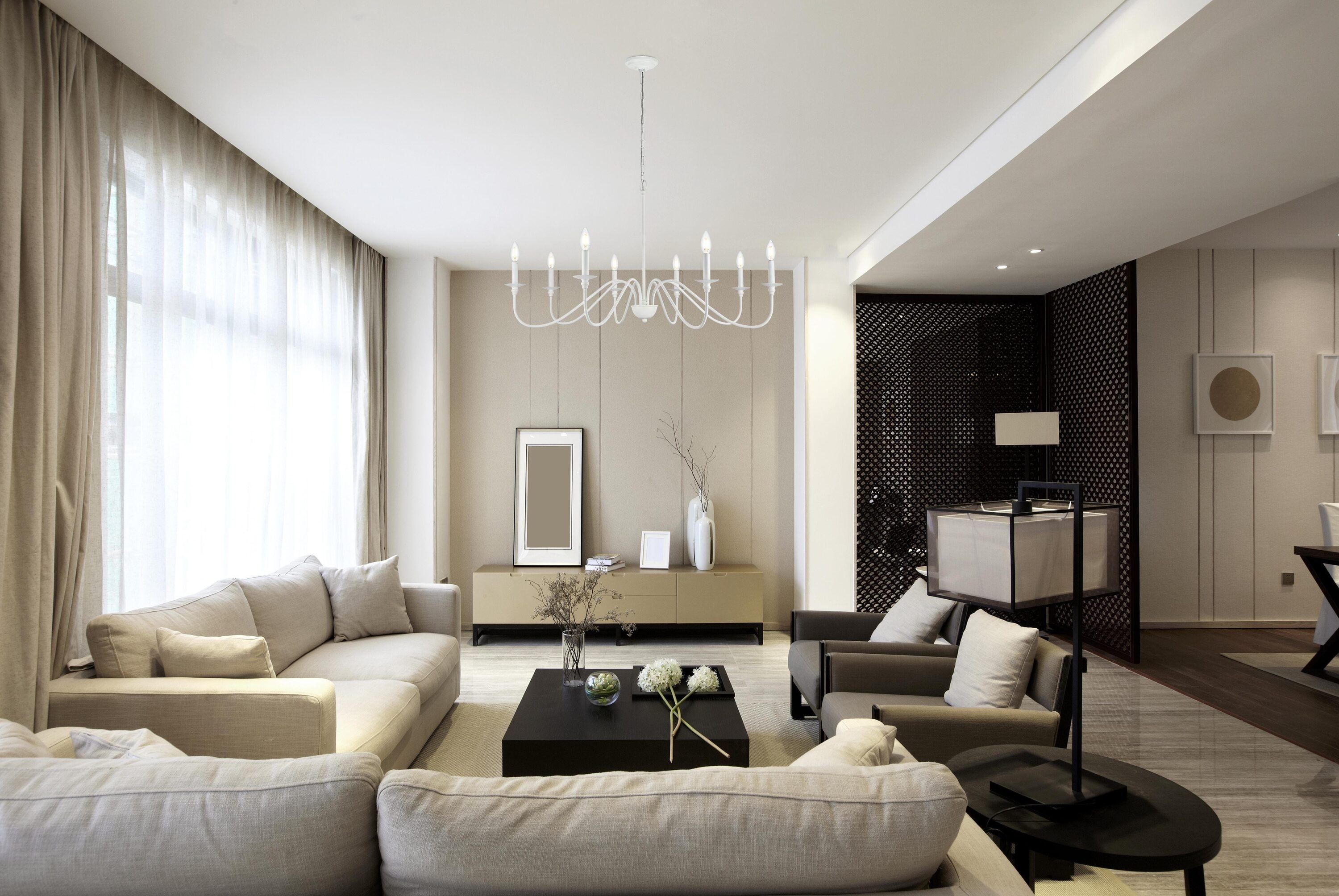White 42" 8-Light Metal Chandelier with Adjustable Chain