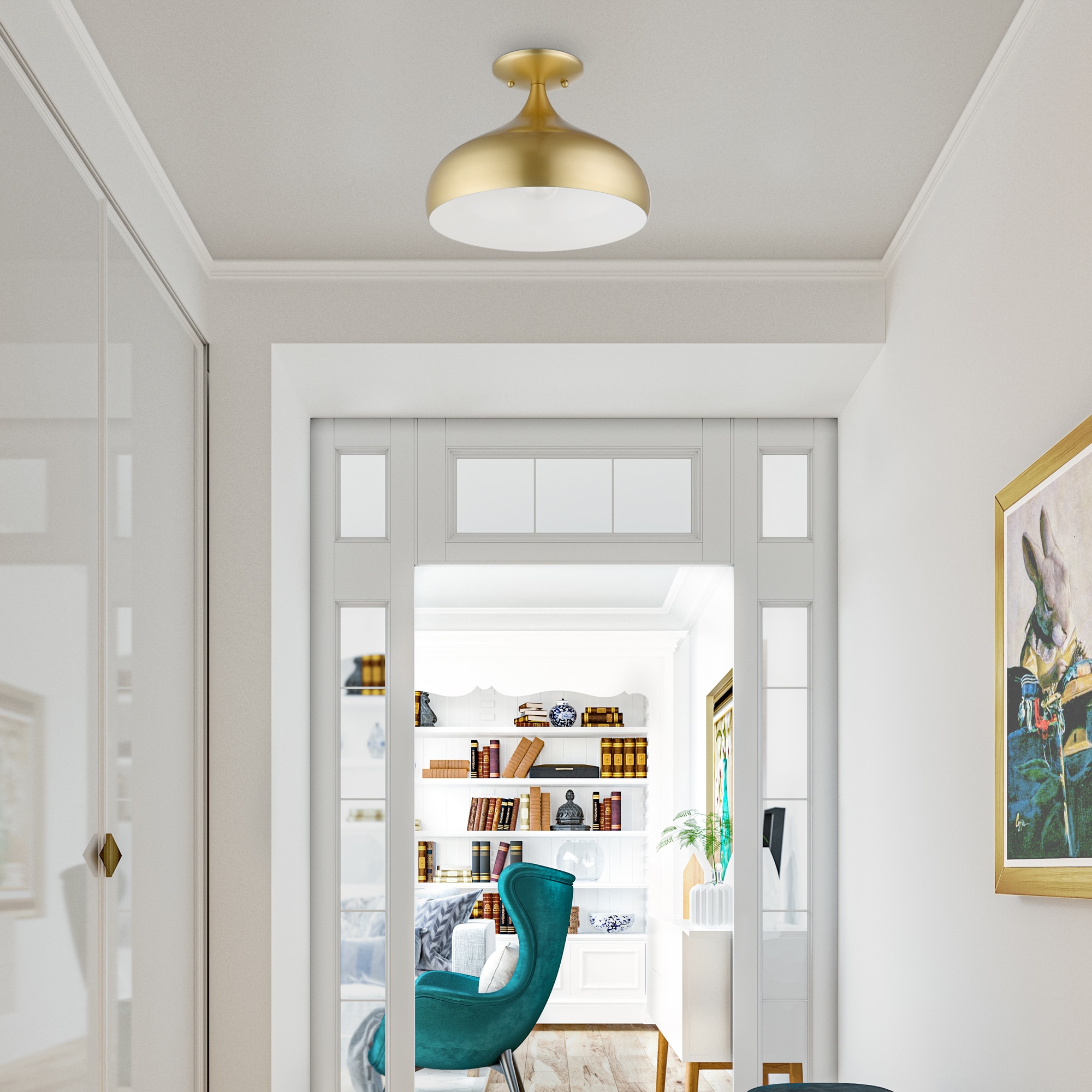 Amador Soft Gold Teardrop Flush Mount with Shiny White Interior